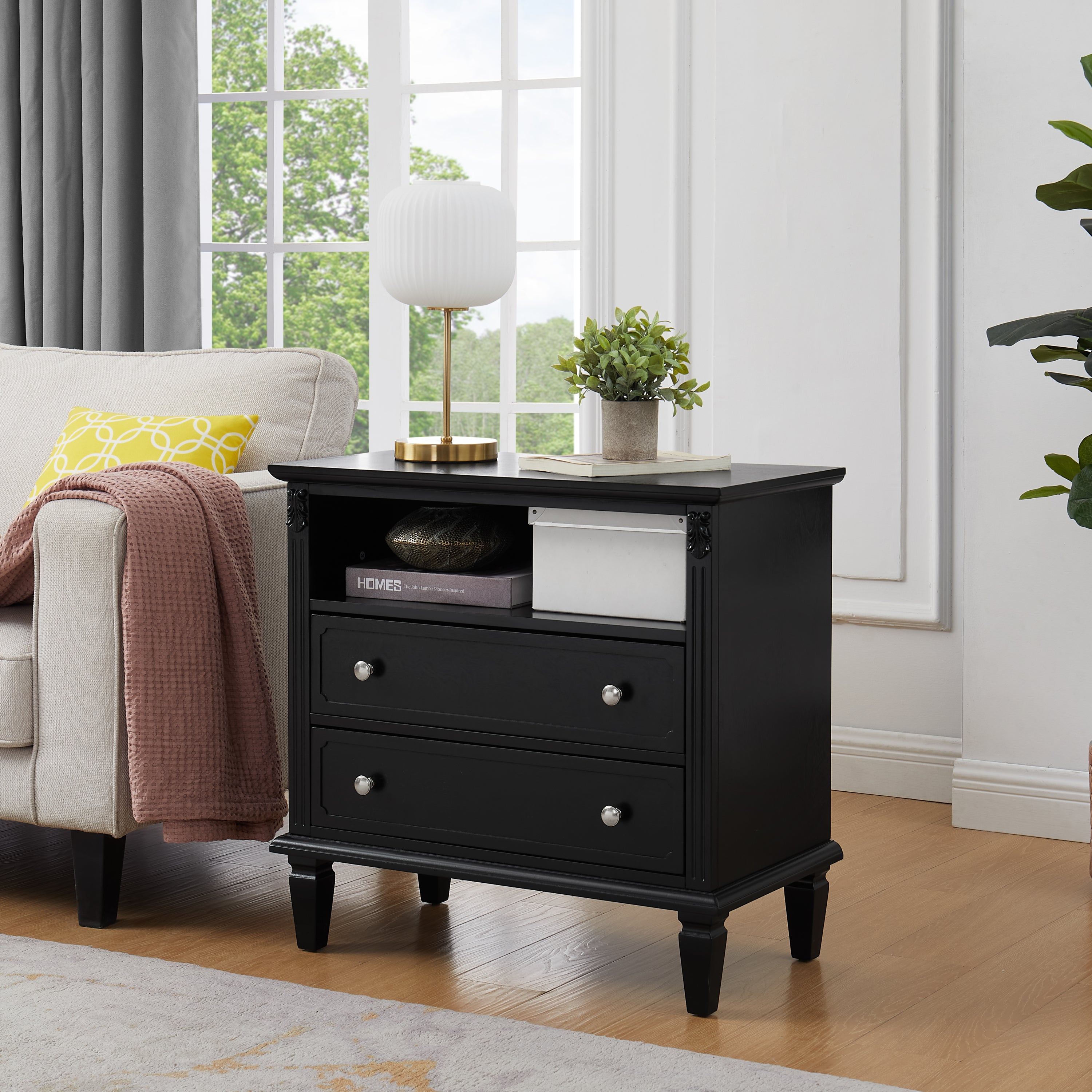 Open Space and 2 Drawers Dresser Nightstand with Charging Station, Farmhouse End Table with USB Ports and Outlets, Fluted Pilasters Design Side Table with Solid Wood Legs for Bedroom Main image