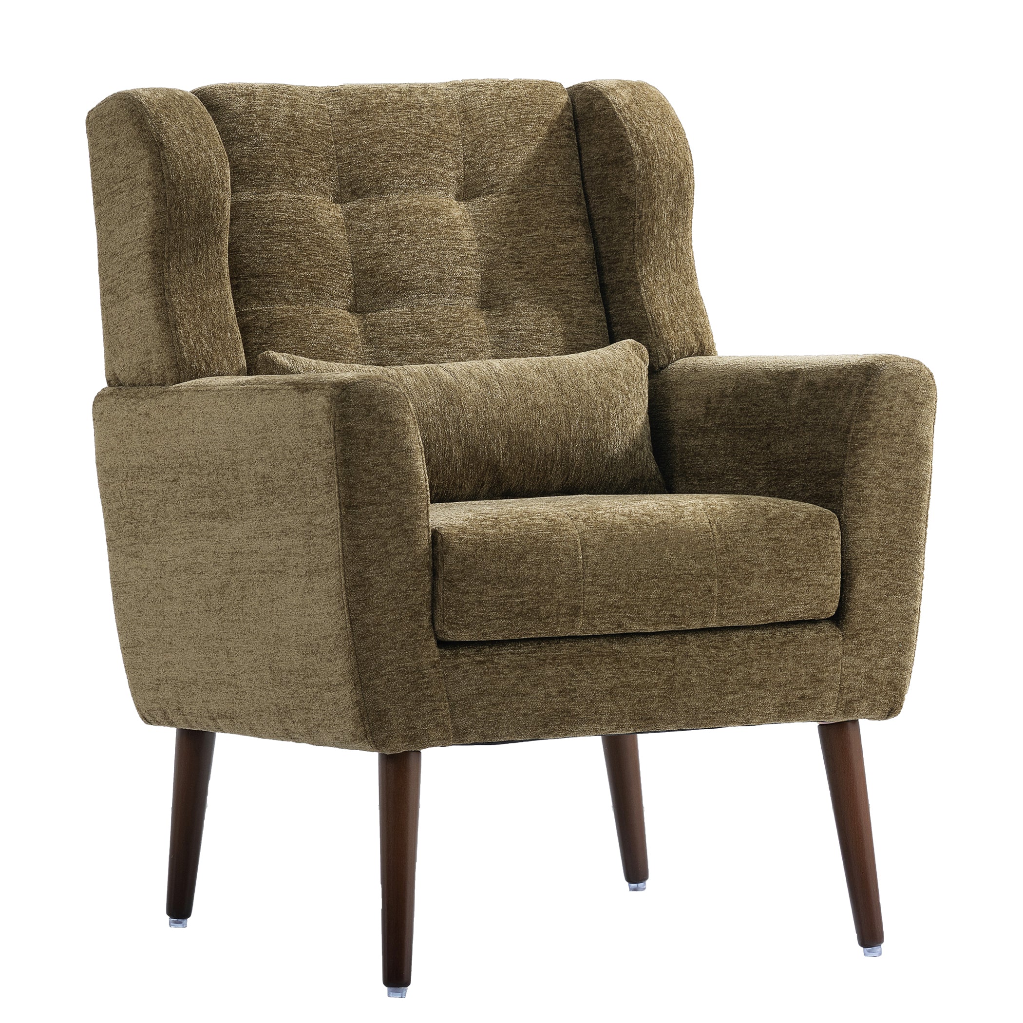 Modern Accent Chair, Chenille Arm Chairs for Living Room, Upholstered Modern Armchair, Comfy Soft Padded Lounge Chair in Small Space, Bedroom, w/Pillow, Solid Wood Leg, Olive Green Main image