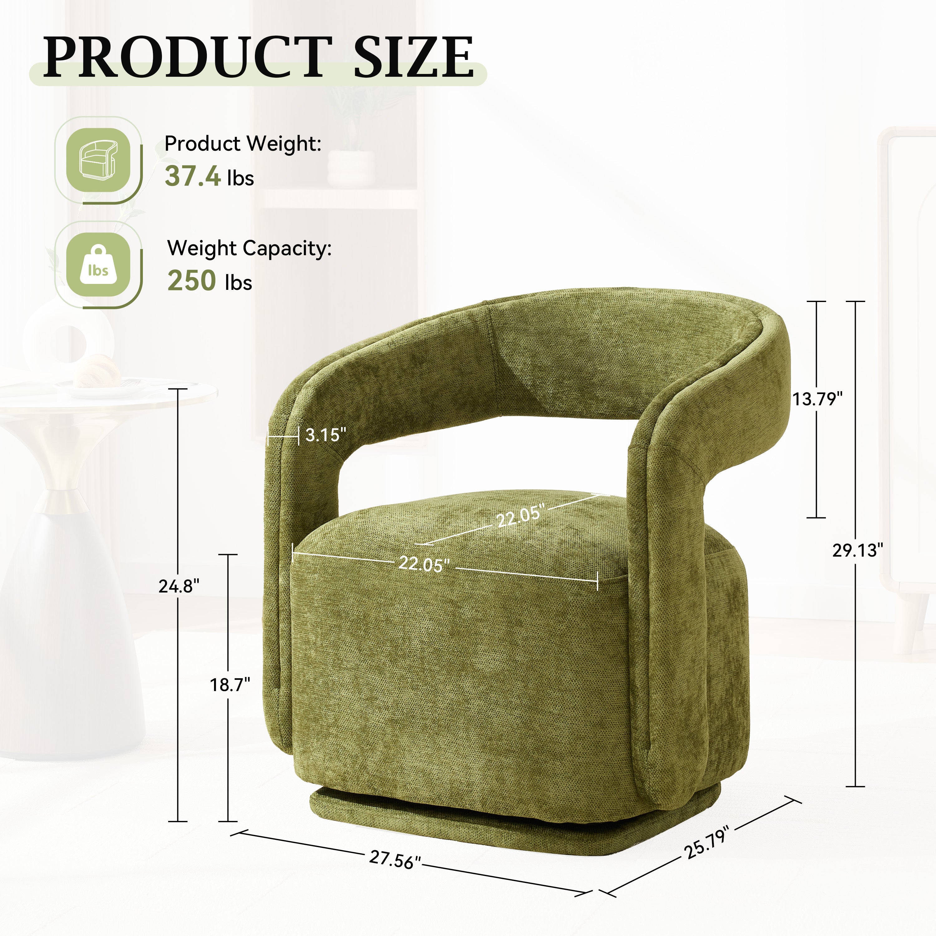 065-Chenille Fabric Swivel Accent Armchair, Comfy Barrel Leisure Chair With Curved Backrest, Upholstered Reading Chair With Black Swivel Base, 22-inch large seat depth and width, Green Secondary image