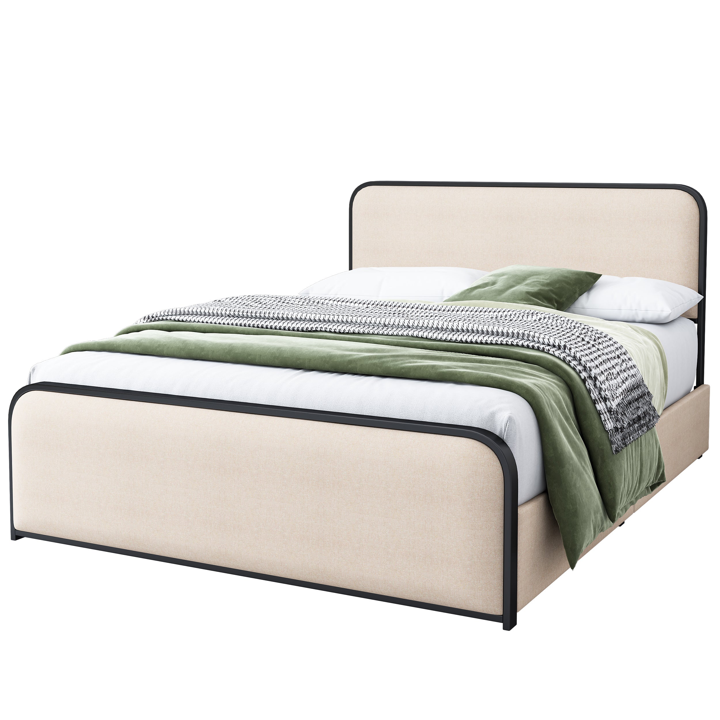 Modern Metal Bed Frame with Curved Upholstered Headboard and Footboard, 4 Storage Drawers, Heavy Duty Metal Slats, Queen Size, Beige Main image