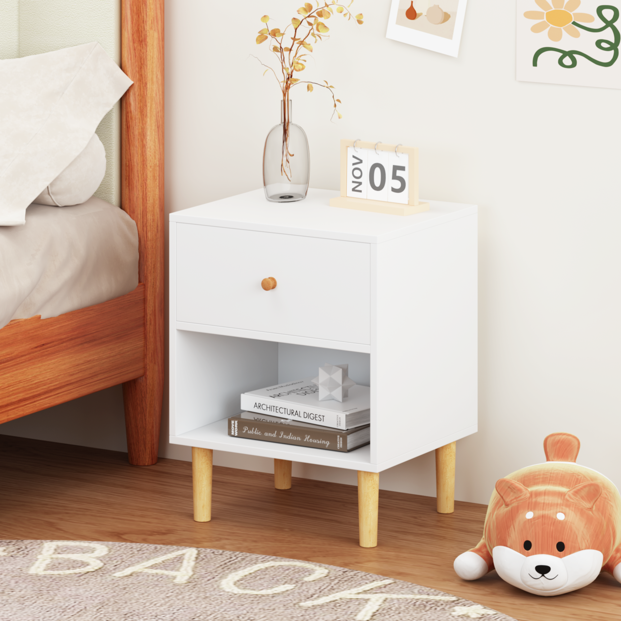 23.22''H White MDF Wooden Nightstand with One Drawer and One Shelf for Kids and Adults Secondary image