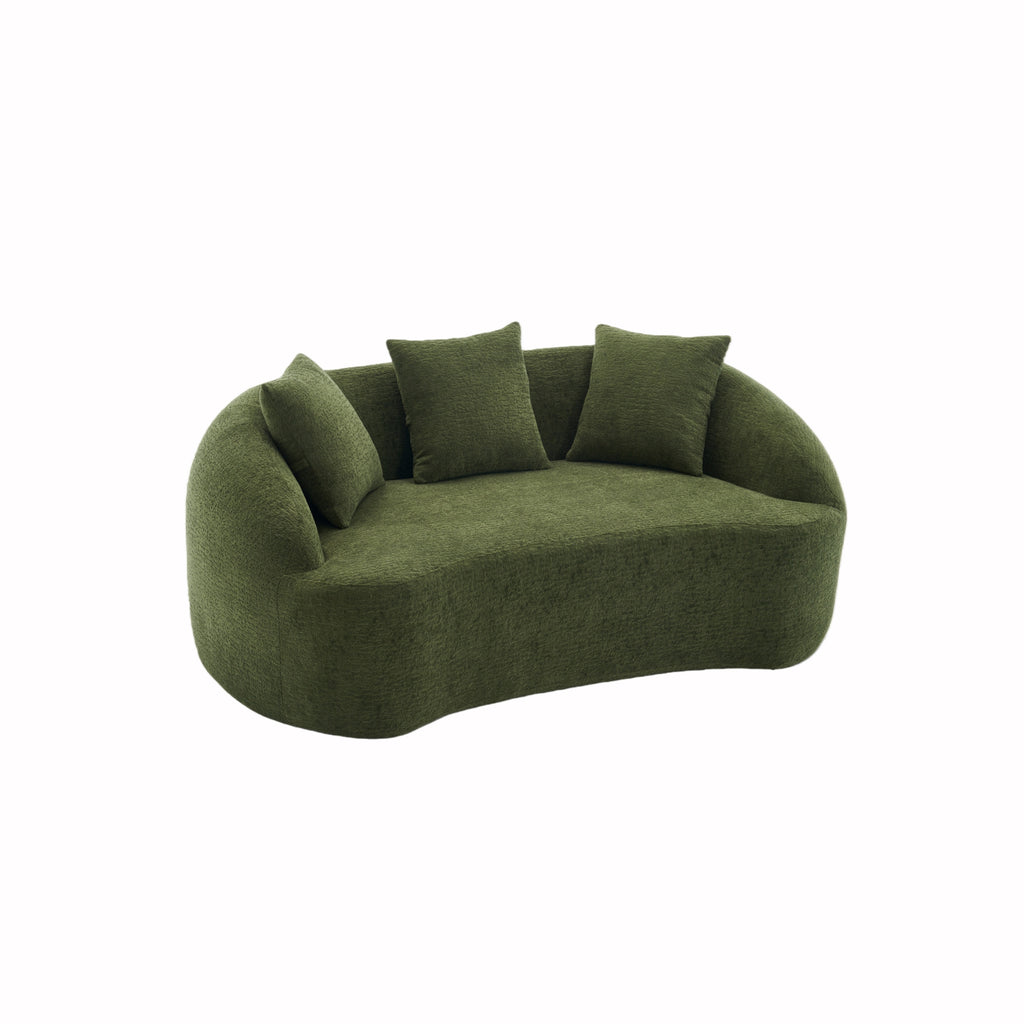 LY-049S Curved Modern Boneless Sofa Loveseat, Backrest Upgrade, 2-Seater Green Chenille Compression Couch with 3 Pillows, Minimalist Modular Couches for Living Room, Office, Apartment, Guest Room