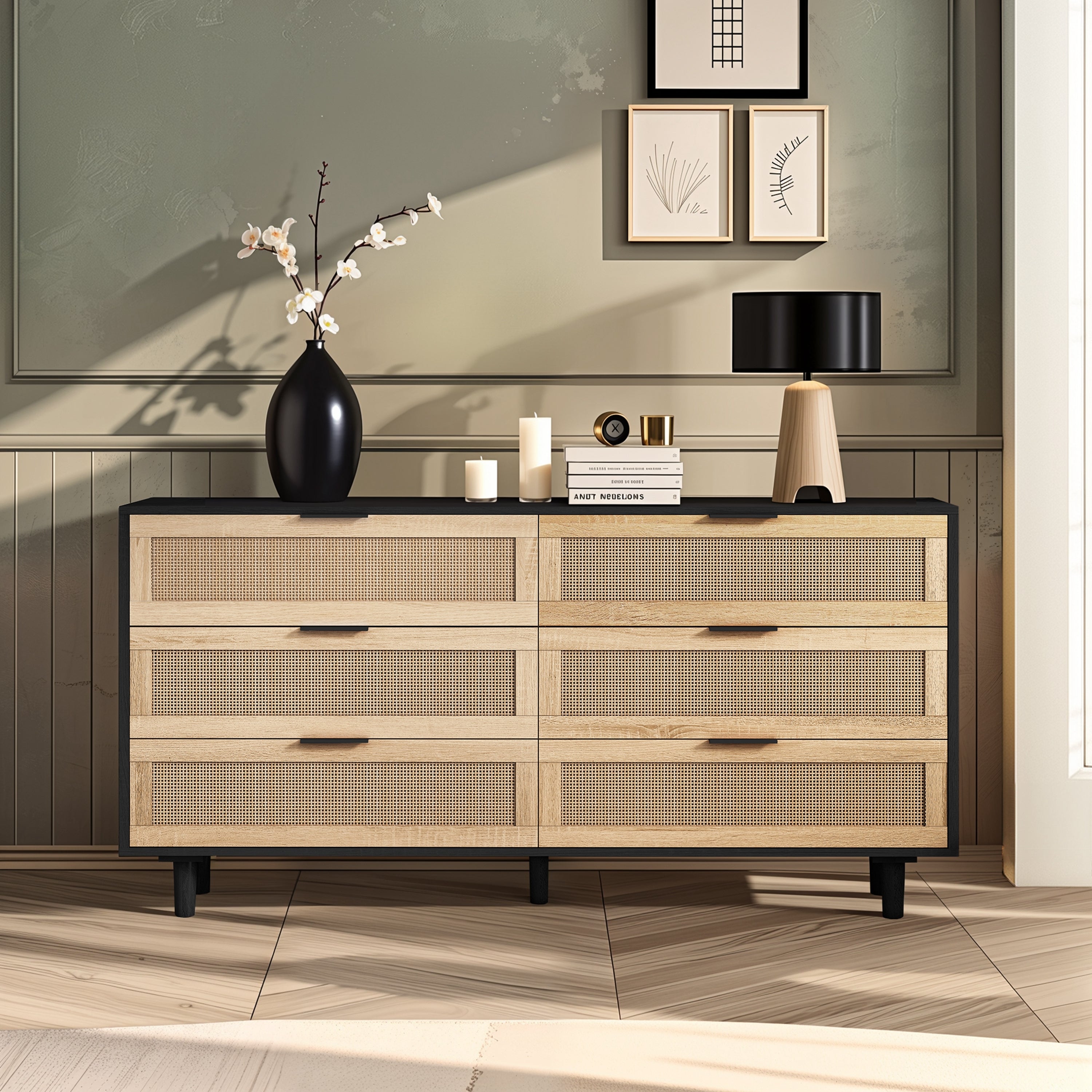 59.06'6-Drawers Rattan Storage Cabinet Rattan Drawer,for Bedroom,Living Room, Black (Same SKU:W757132849) Main image