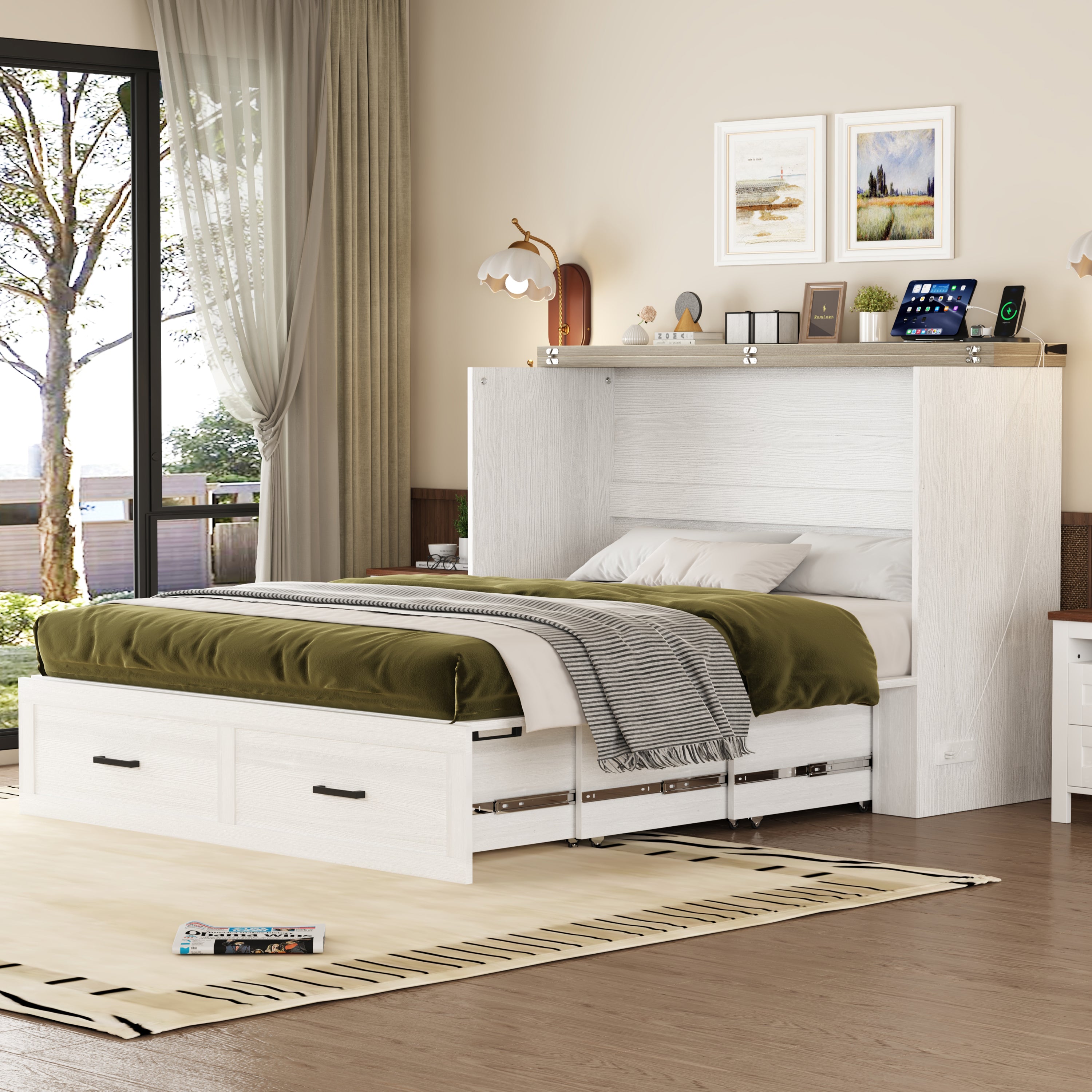 Queen Size Farmhouse Murphy Cabinet Bed with Charging Station, Foldable Platform Bed with Large Storage Drawer for Guest-Room, Small Bedroom, White(Old SKU: N733S237837W) Secondary image
