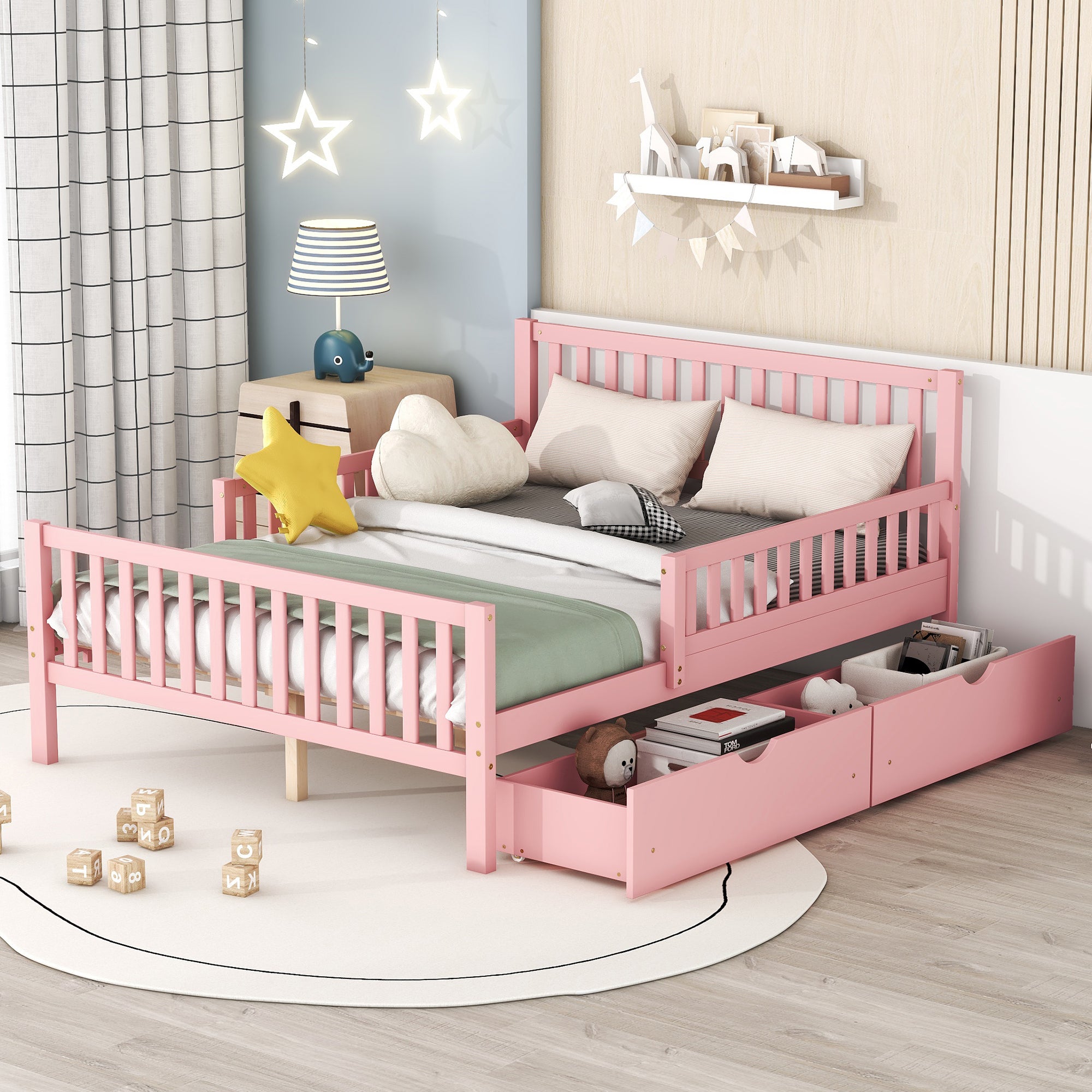 Full Size Wood Platform Bed with Guardrails on Both Sides and Two Storage Drawers ,Pink Main image