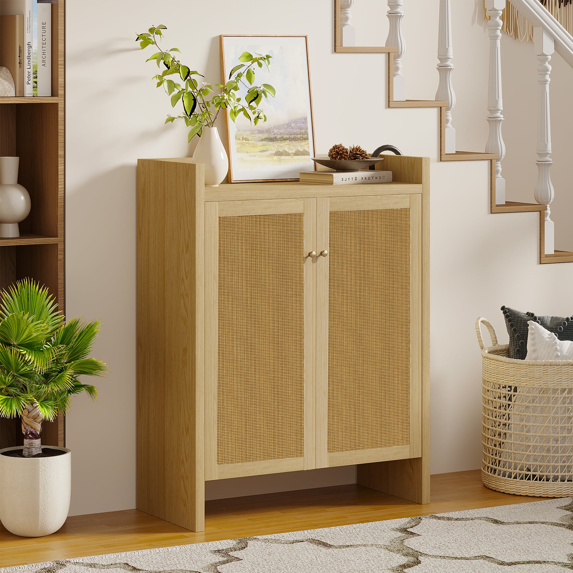 42.5' Tall Rattan Shoe Cabinet with Doors, 6-Tier Shoe Storage Cabinet with Adjustable Shelves, Wooden Freestanding Shoe Organizer Shoe Cabinet for Entryway,Hallway,Living Room (Natural) Main image