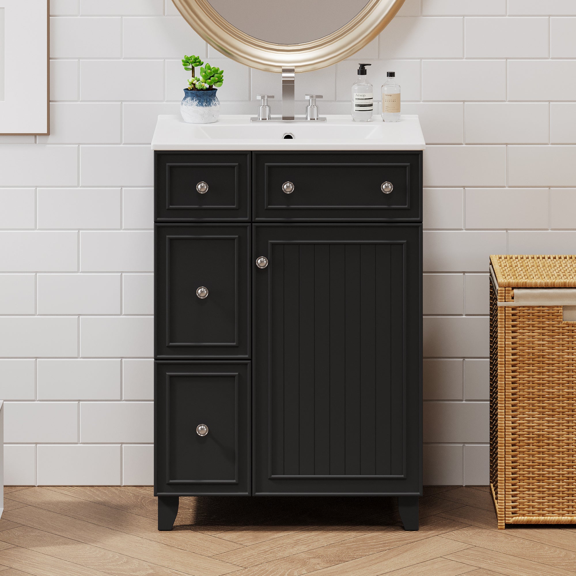 Transitional Bathroom Vanity Cabinet with Ceramic Sink, 24-Inch, Black, Solid Wood & MDF Secondary image