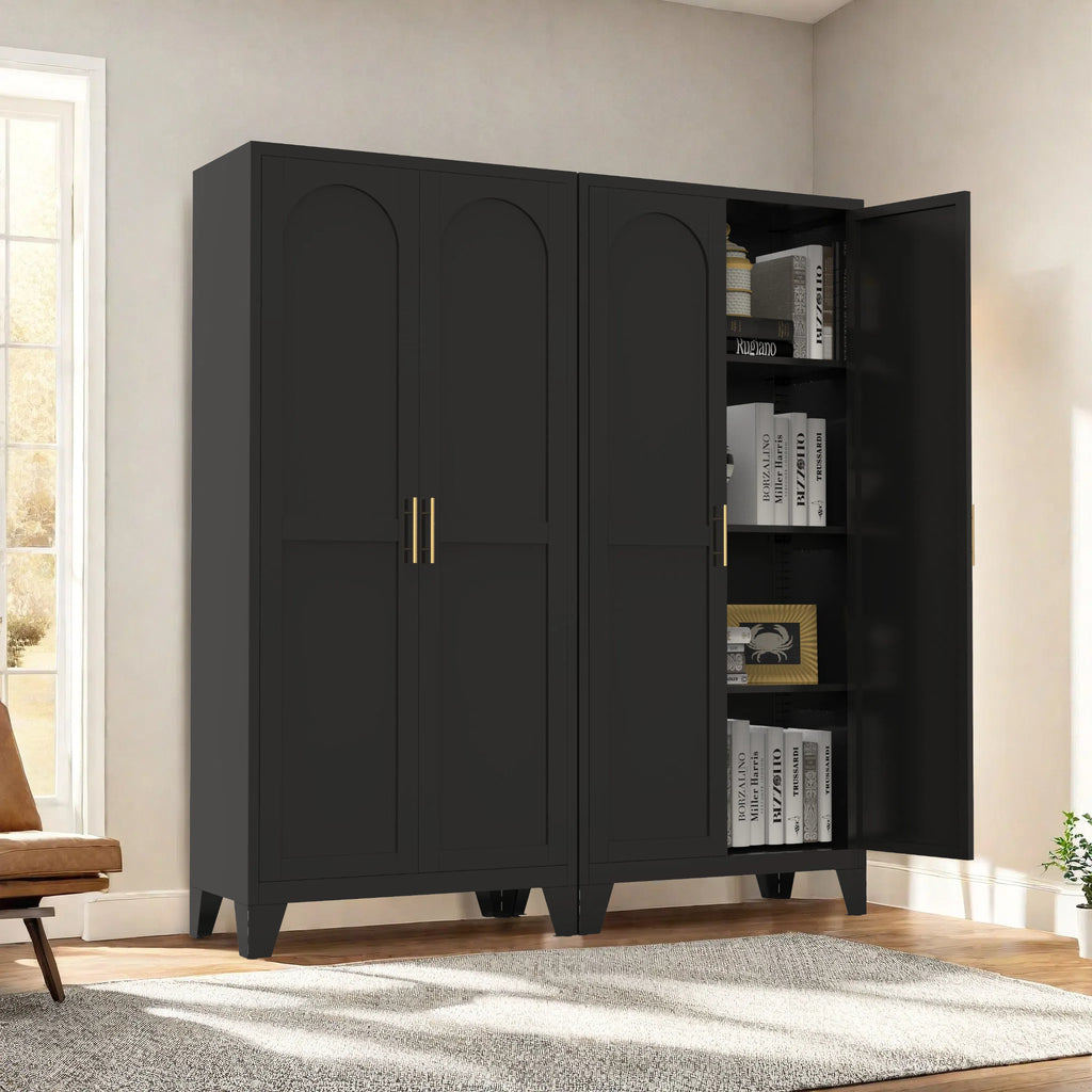 61'' 2 Shapely Doors Cabinet, Metal Storage Cabinet with Doors and Adjustable Shelves, for Bedroom, Living Room(Black)