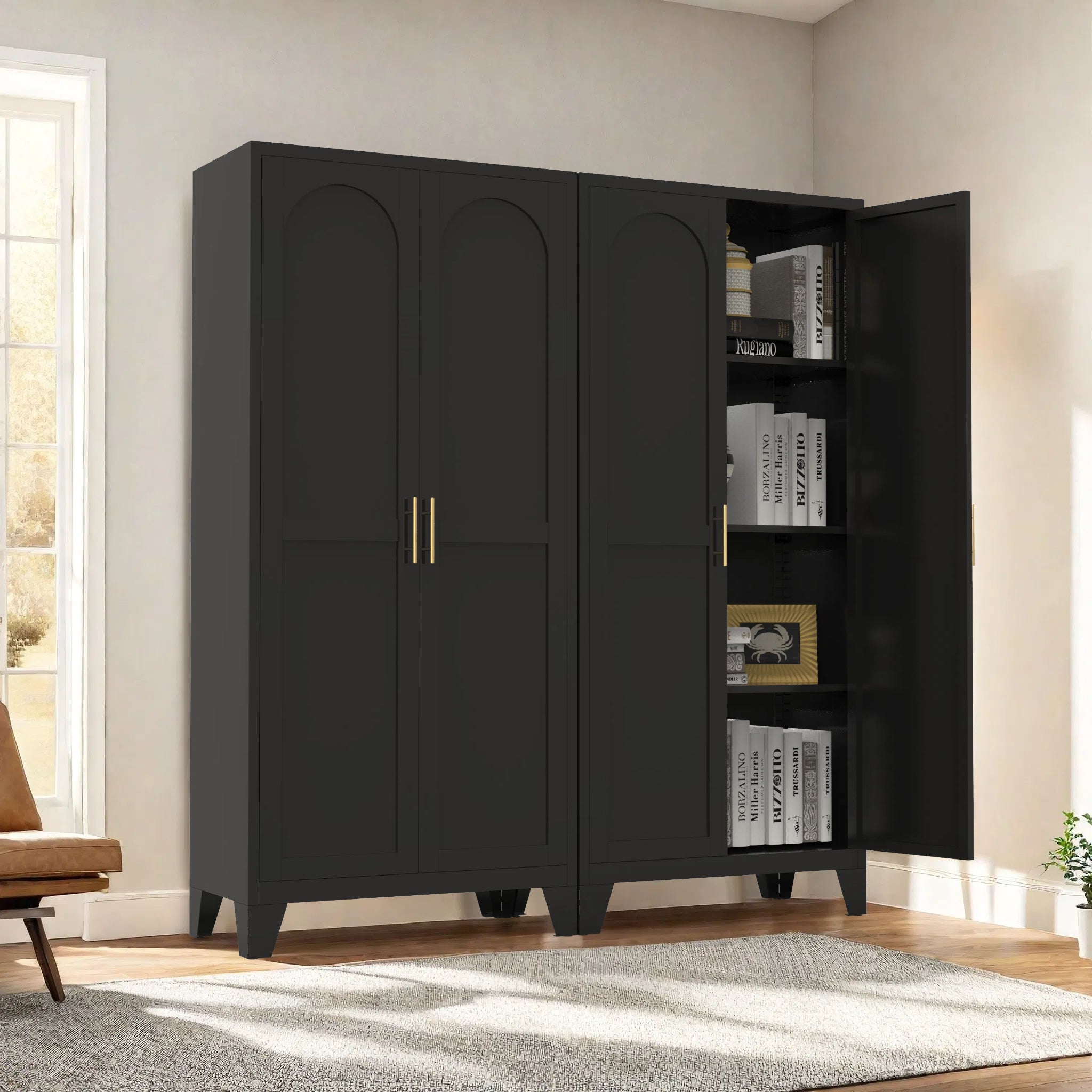 61'' 2 Shapely Doors Cabinet, Metal Storage Cabinet with Doors and Adjustable Shelves, for Bedroom, Living Room(Black)