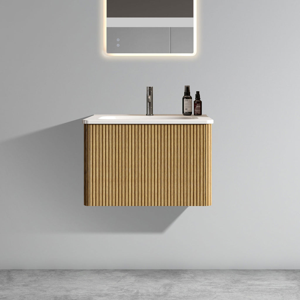 U055-Etna24W-306 Etna 24' Striped Natural Oak Bathroom Vanity with White Ceramic Sink, Wall Mounted Floating Bathroom Vanity for Modern Bathroom, Pre-assembled