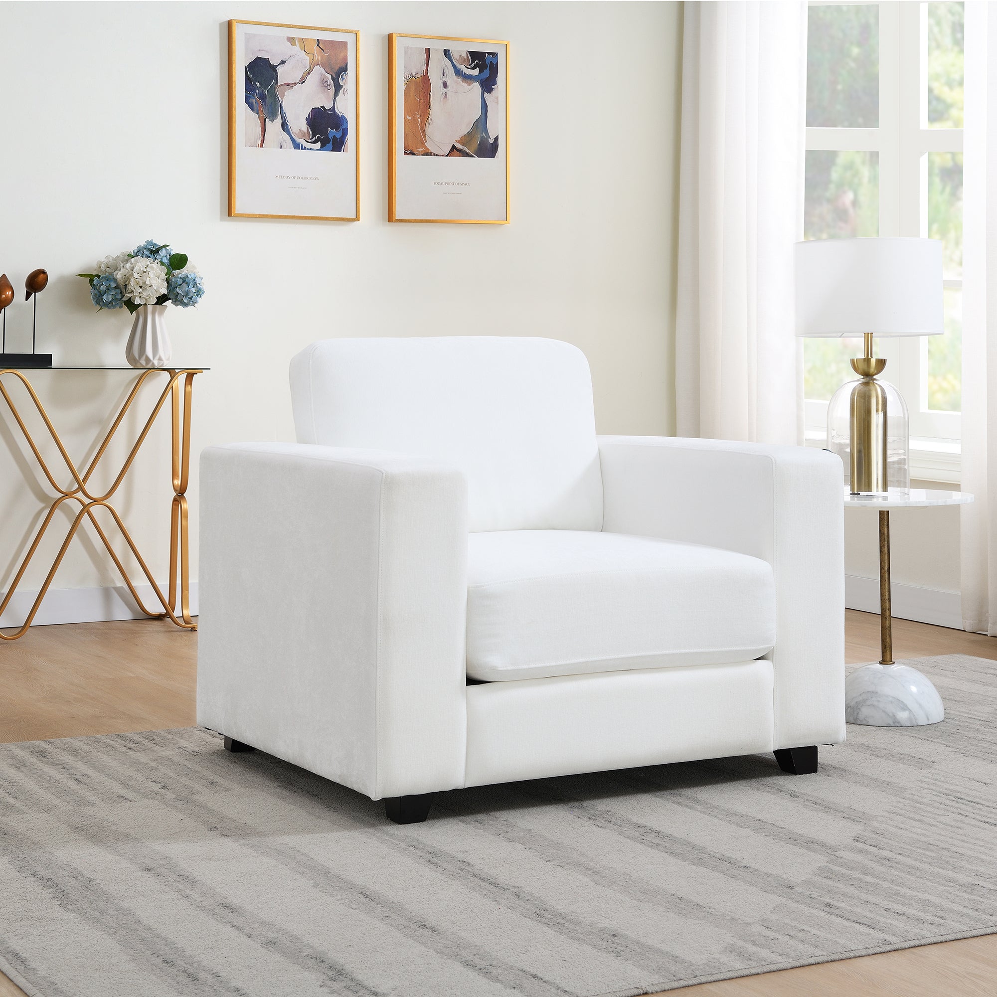 Mid Century Modern Oversized Accent Chair with Widen Arms, Ivory Chenille Fabric Upholstered Armchair Sofa for Living Room Bedroom Office, Washable Cover, 7-Inch Thick Cushion Secondary image