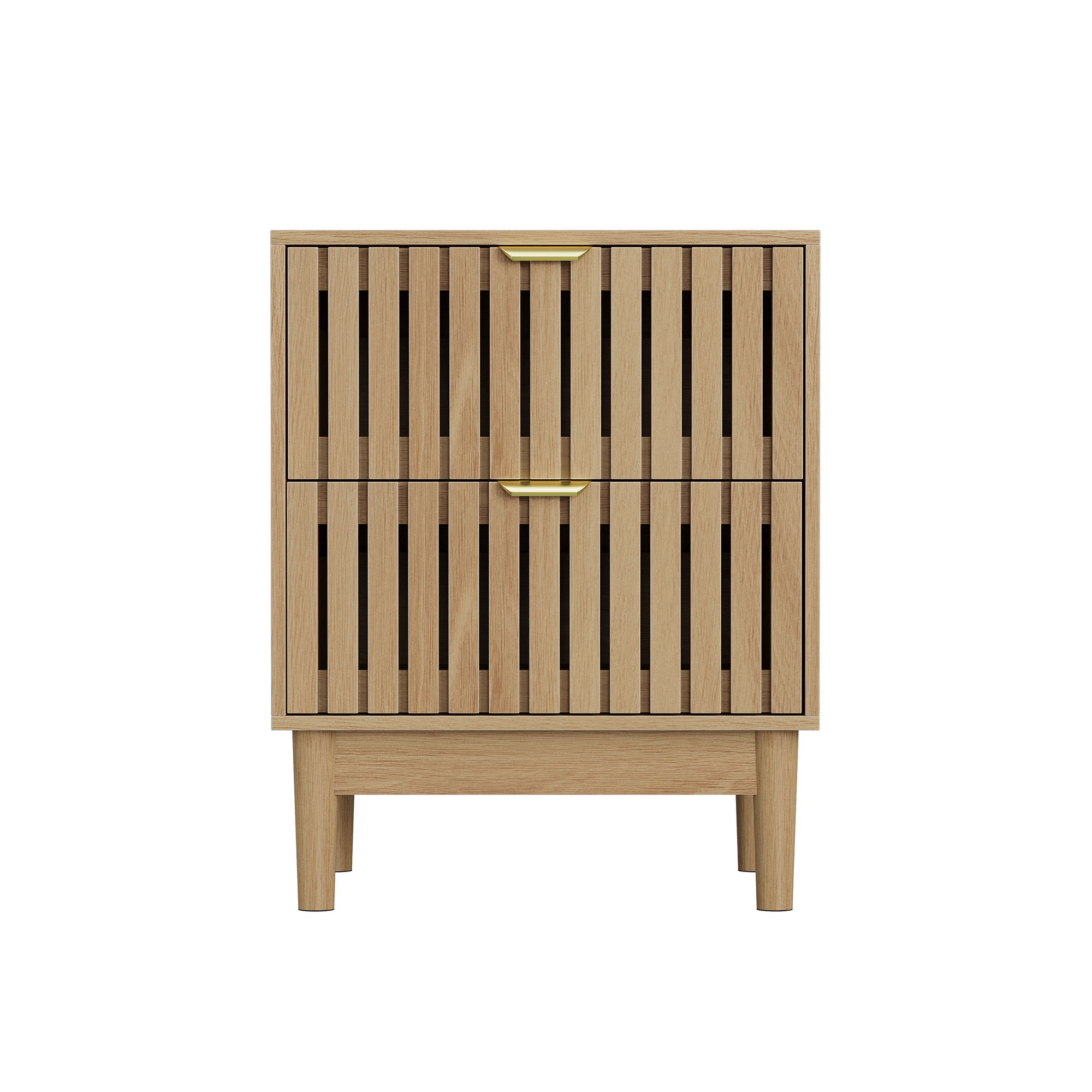 Mid-Modern Oak Bedside Table with Grille Design and Two Drawers in Oak Finish, Wooden Side Table for Bedroom, Living Room, or Hallway Main image