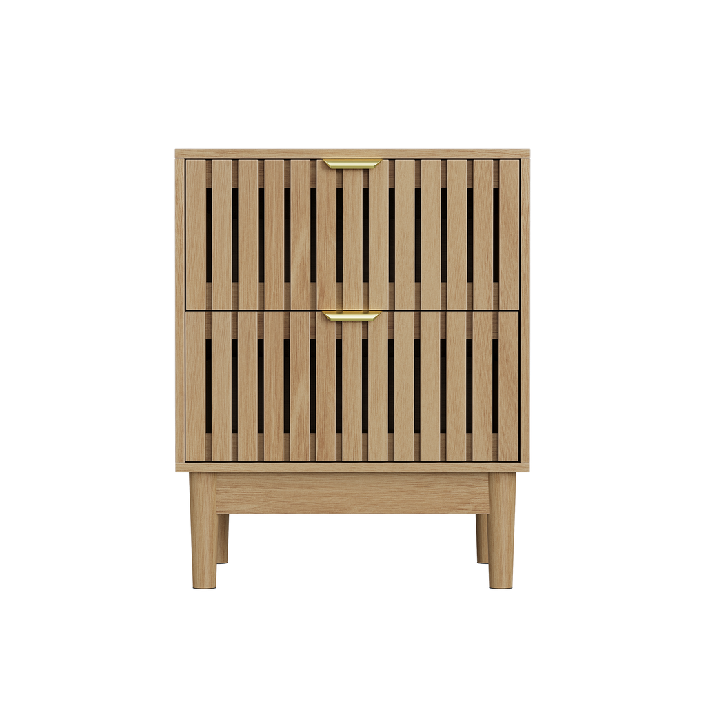 Mid-Modern Oak Bedside Table with Grille Design and Two Drawers in Oak Finish, Wooden Side Table for Bedroom, Living Room, or Hallway