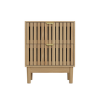 Mid-Modern Oak Bedside Table with Grille Design and Two Drawers in Oak Finish, Wooden Side Table for Bedroom, Living Room, or Hallway