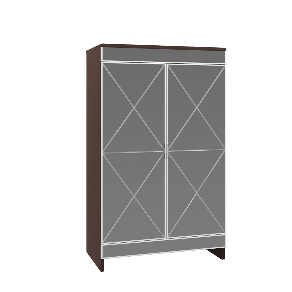 Mirrored Shoe Cabinet with 3 Adjustable Shelves & Ventilation - Double Door Entryway Storage Cabinet, Space Saving Vertical Design, Frosted Glass & MDF, Brown Finish, Silver Metal Handles
