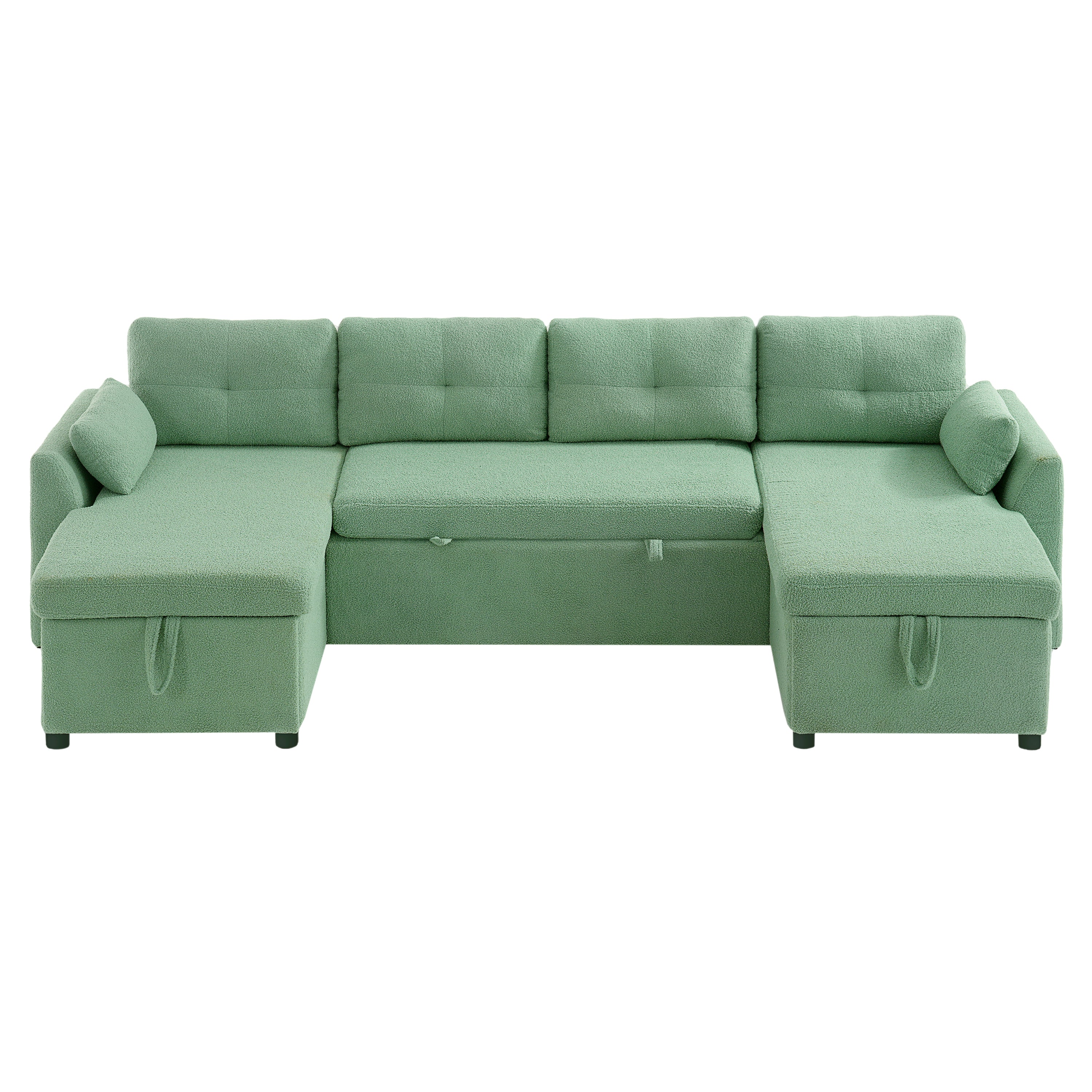Modern Green Teddy Fabric U-shaped Sectional Sofa Bed with Storage and USB Ports, 107 inches