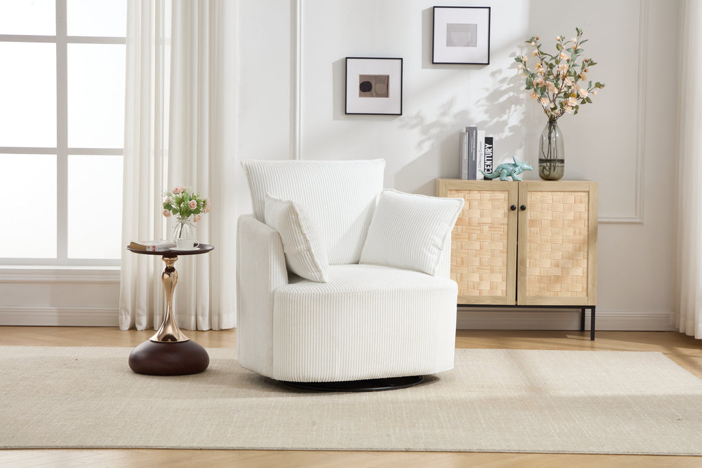 White Swivel Accent Chair,Round Swivel Barrel Chair,Armchair Upholstered Living Room Chair Corduroy Reading Chair Single Sofa Chair for Bedroom Apartment Office