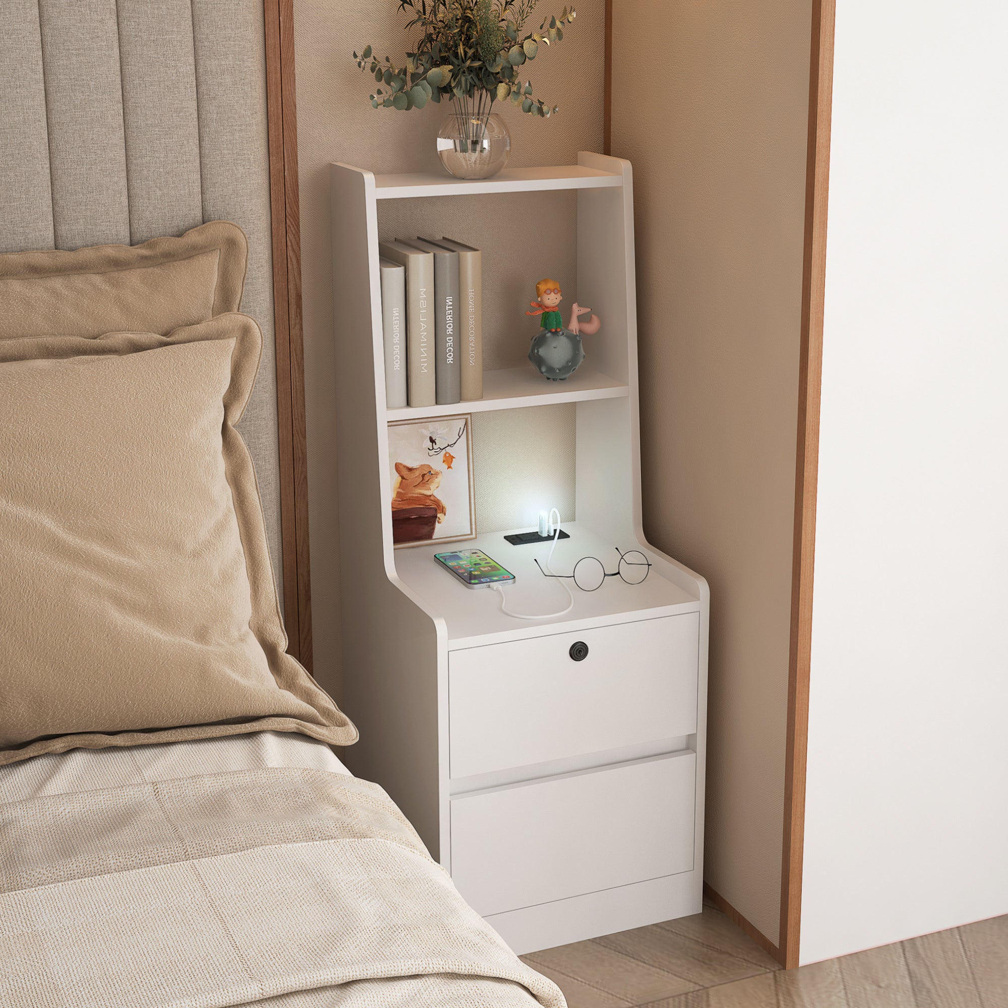 Nightstand with Charging Station, Smart Nightstand with Night Light, Modern Night Stand with Bookshelf, Bedside Tables with Storage Cabinet for Bedroom, White Main image