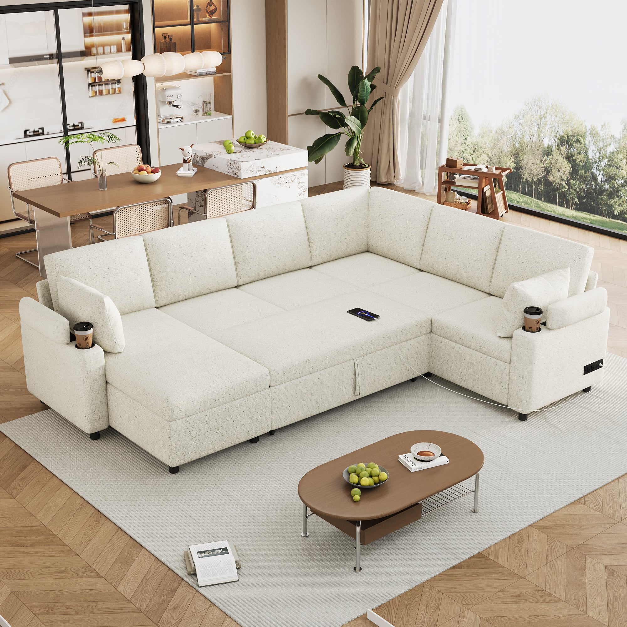 Convertible U-Shaped Sofa Bed with Storage, Cup Holders and Charging Ports, Beige Chenille, 109.9' Secondary image
