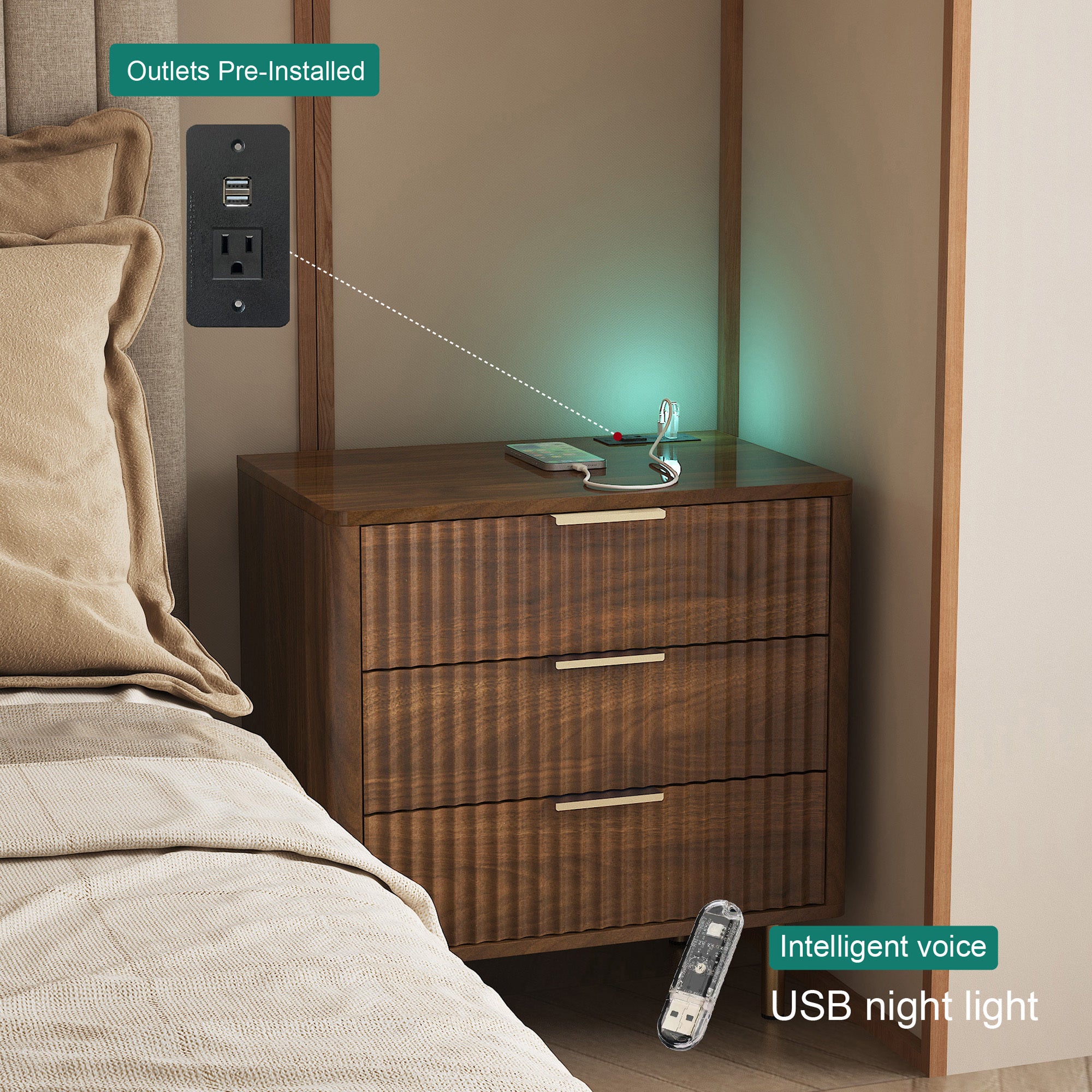 Nightstand with Charging Station, Smart Nightstand with Night Light, Modern Night Stand with Storage Cabinet for Bedroom, Wood Secondary image