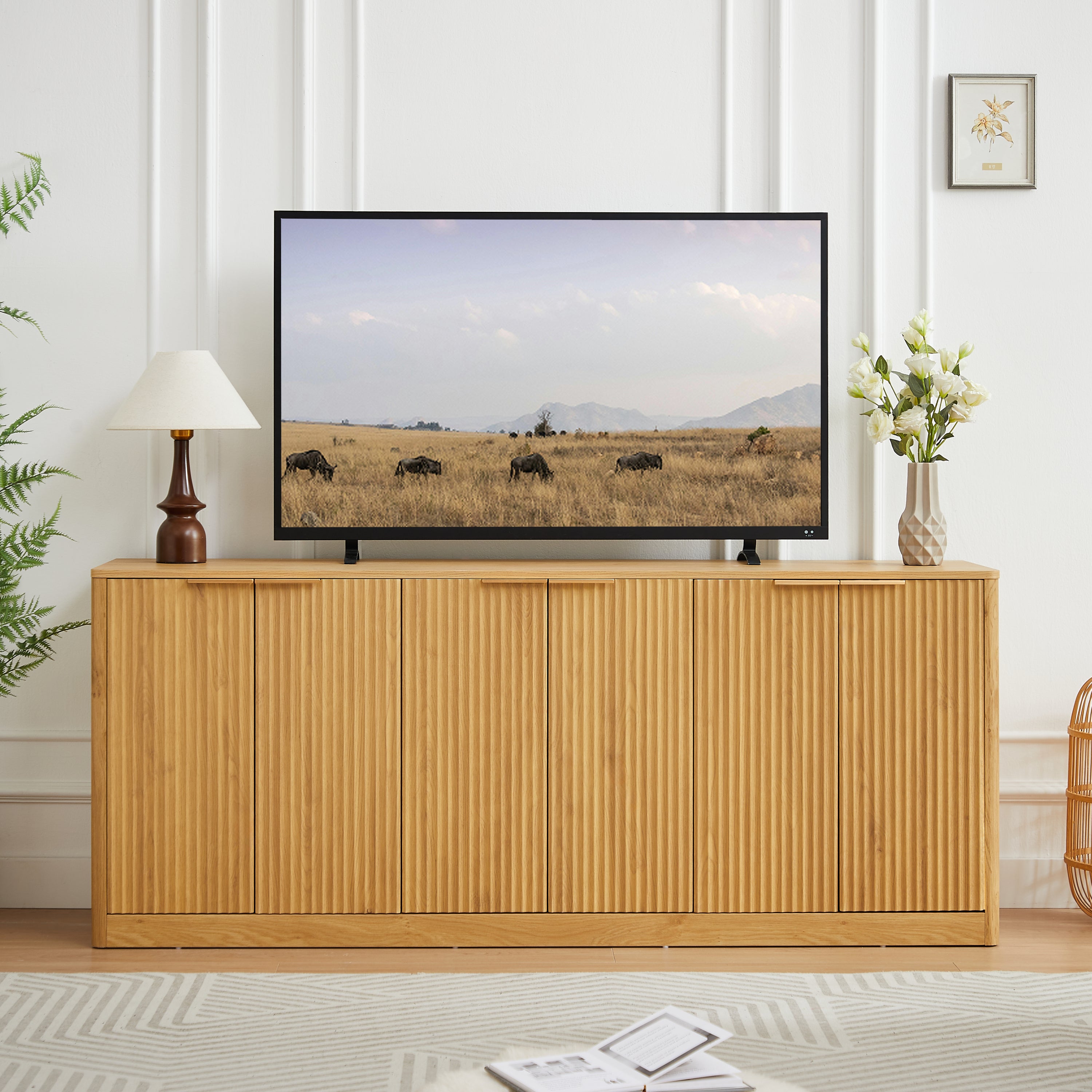 67-inch modern wavy sideboard, curved contour design storage cabinet, 6-door cabinet with storage function, suitable for kitchen / bedroom / living room, Natural, 67.0'L x 15.7'W x 27.7'H Main image