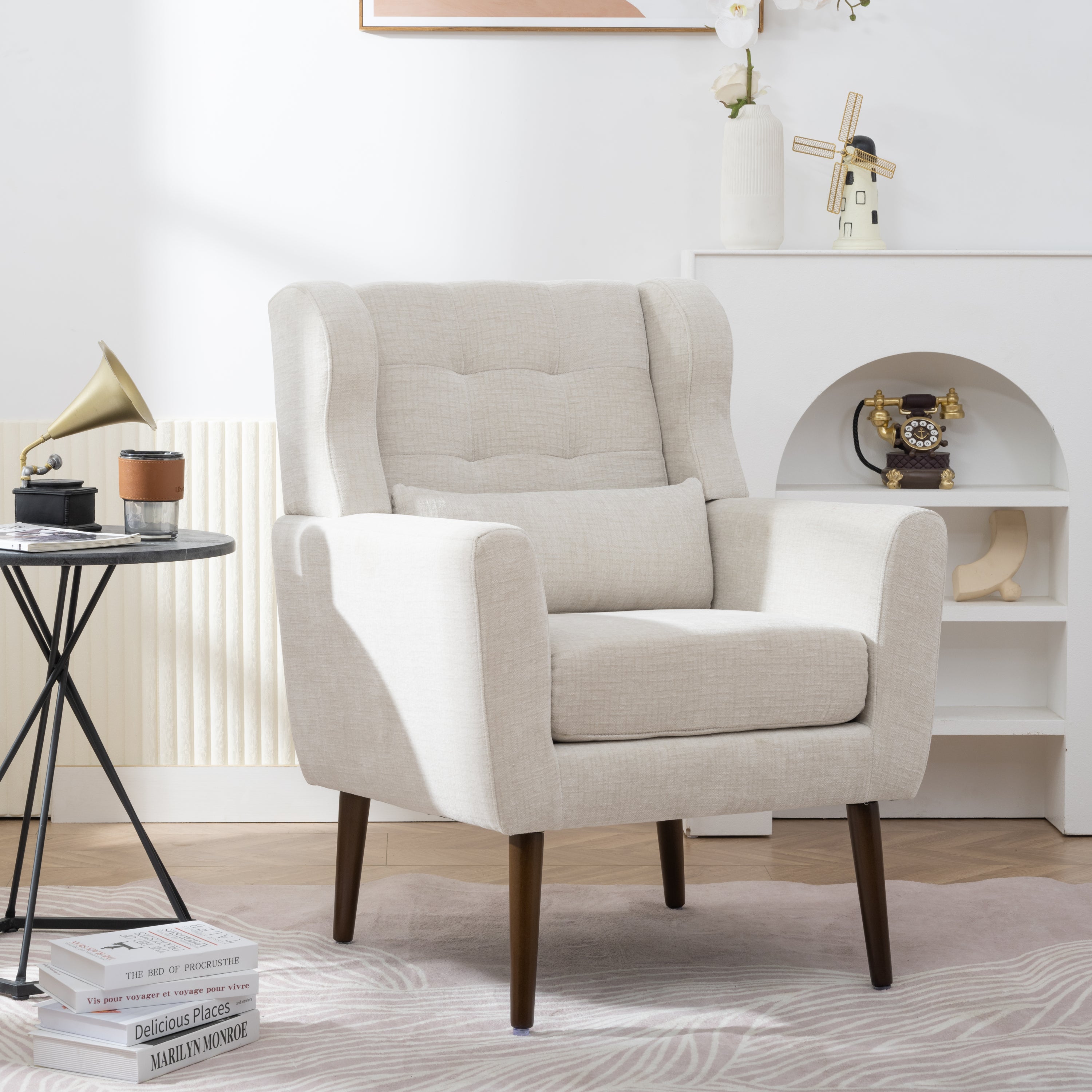 Modern Accent Chair Upholstered Foam Filled Living Room Chairs Comfy Reading Chair Mid Century Modern Chair with Chenille Fabric Lounge Arm Chairs Armchair for Living Room Bedroom (Beige) Secondary image