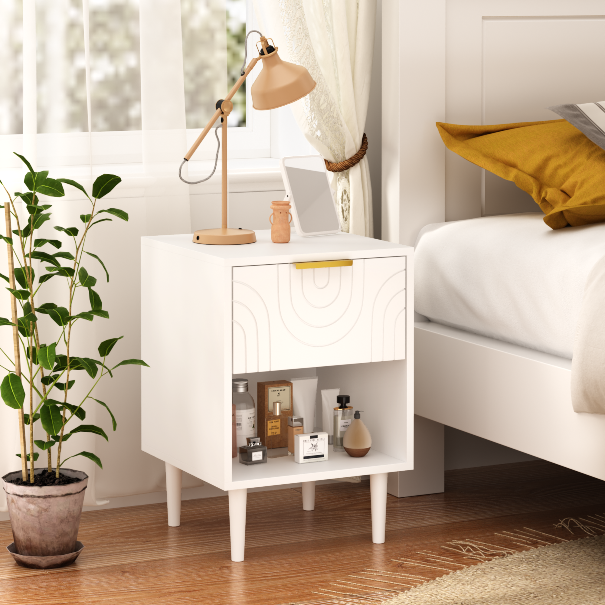 Modern White Nightstand with One Drawer and Open Shelf, Gold-Accented Handle, 22.83'' H, MDF, White Secondary image