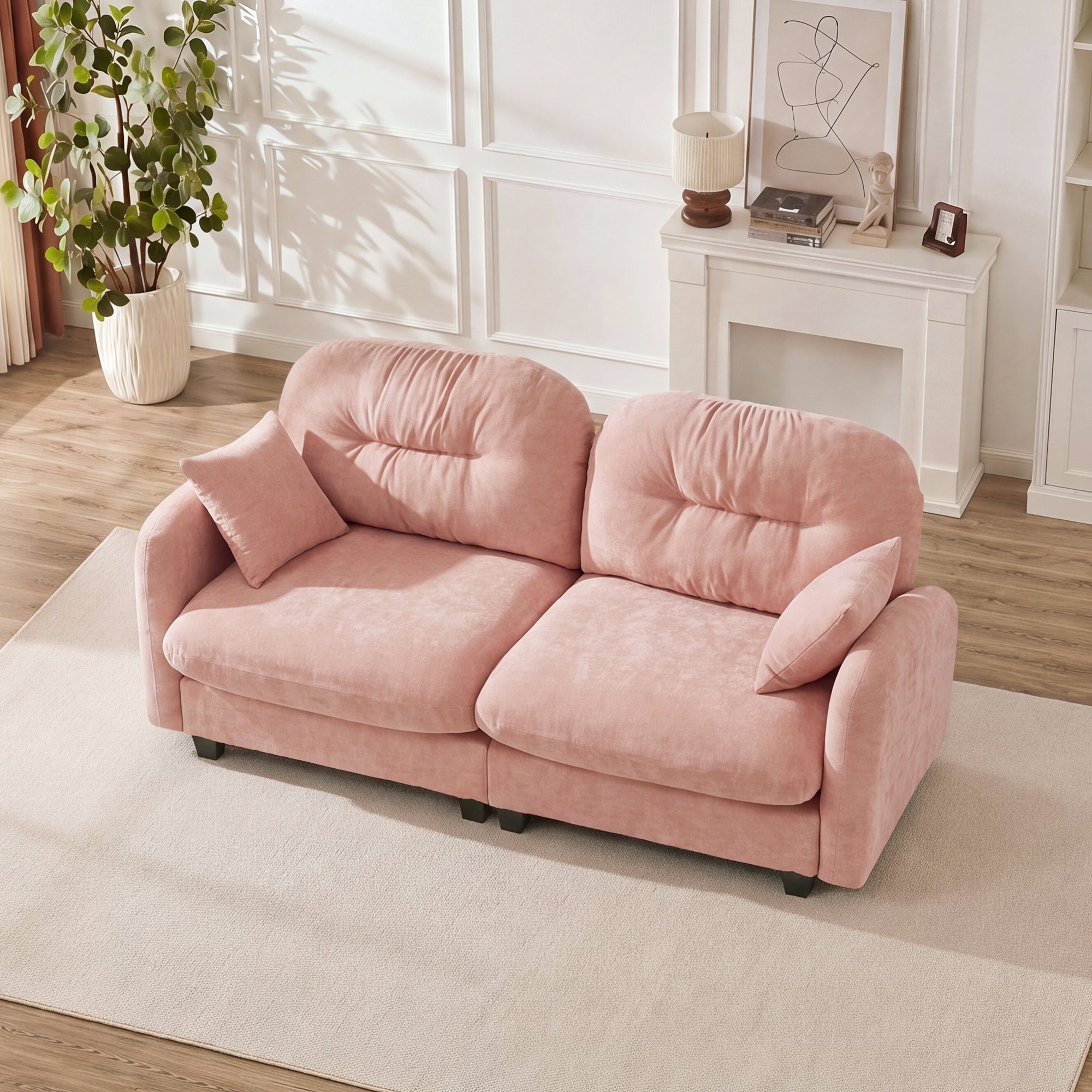 Loveseat Cloud Sectional Couches Chenille Fabric,Quilted Pleated Design, Ergonomic Design,High-Density Foam Easy Install Elegant Armrests High Quality Wooden Base,Fits Living Rooms,Pink