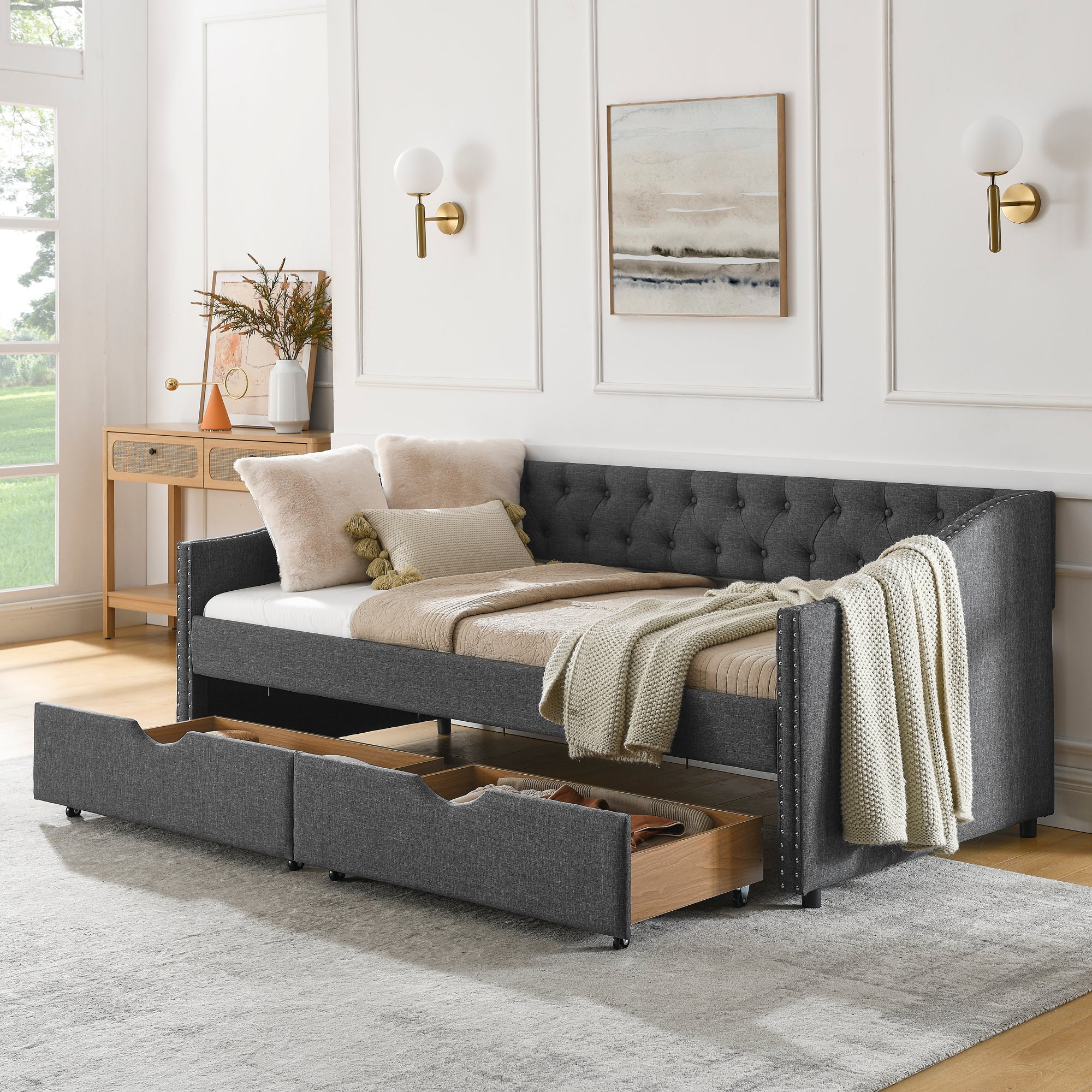 Twin Size Daybed with Drawers Upholstered Tufted Sofa Bed in Dark Grey Linen, Button Back and Copper Nail Trimmed Waved Arms, 81.5''x41''x30.5'' Secondary image