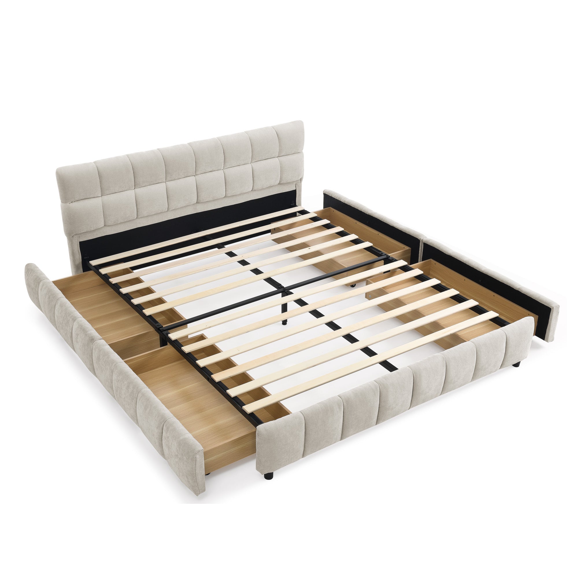 Modern Queen Size Upholstered Bed Frame with Headboard and Storage Drawer, Beige Chenille Fabric Main image