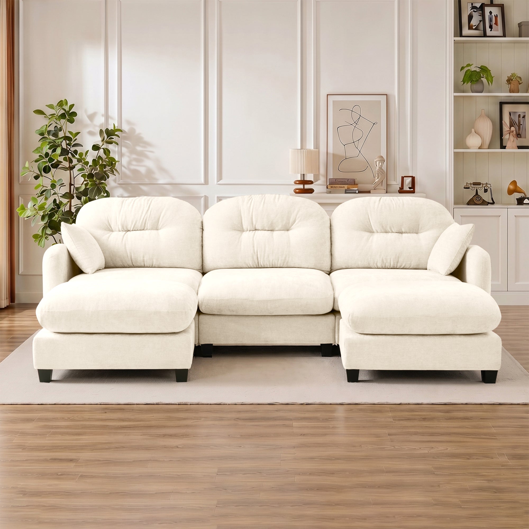 Modular Sectional U Shaped Couch With Ottoman,Premium Chenille Fabric,With 2 Throw Pillows,High-Density Foam  Quilted Pleated Design,Easy Install,Fits Bedrooms,Reading Nooks,Beige Secondary image