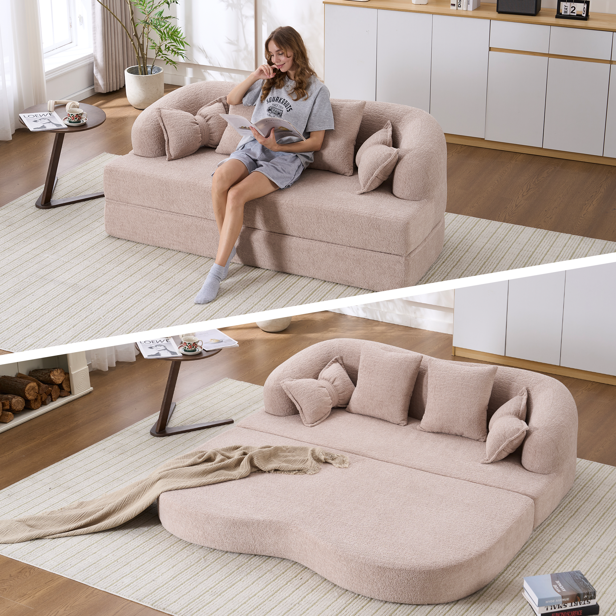 (Old Sku : W2231P392101) 2-in-1 Foldable Sofa Bed,70 Inch Folding Boneless Couch Convertible Compressed Sleeper Sofabed, 4 Pillows for Living Room Apartment, Apricot
