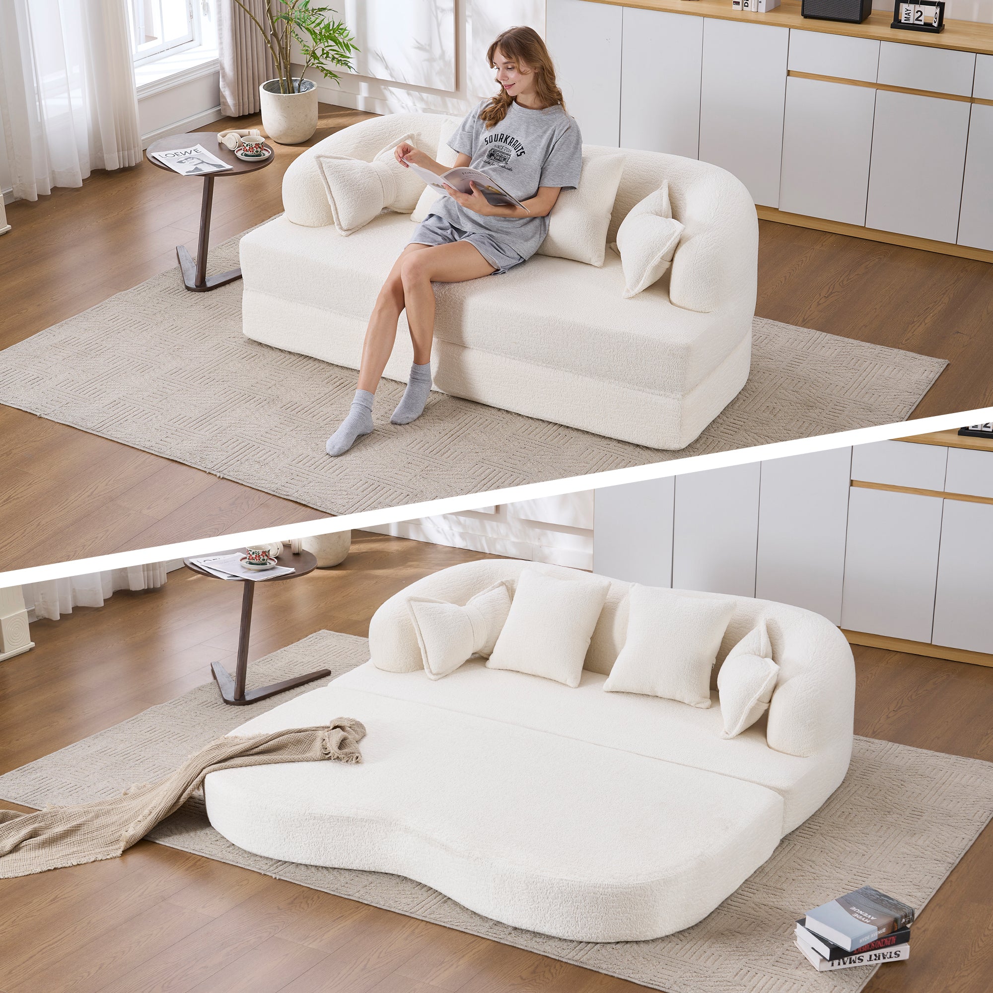 2-in-1 Foldable Sofa Bed,70 Inch Folding Boneless Couch Convertible Compressed Sleeper Sofabed, 4 Pillows for Living Room Apartment, Milk White