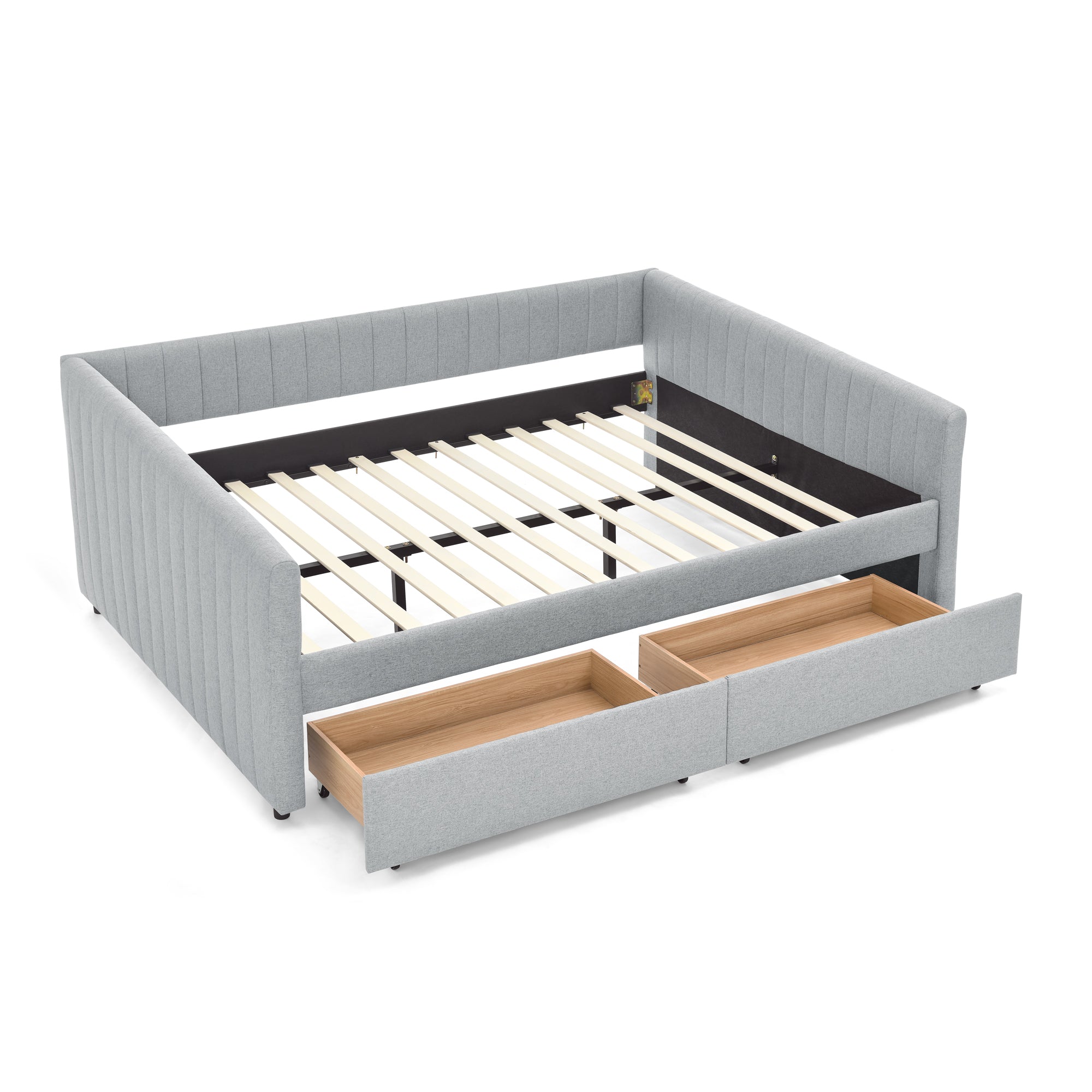 Grey Vertical Stripe Upholstered Queen Daybed with Two Drawers Trundle, Linen Fabric, 86.5''x65''x30''