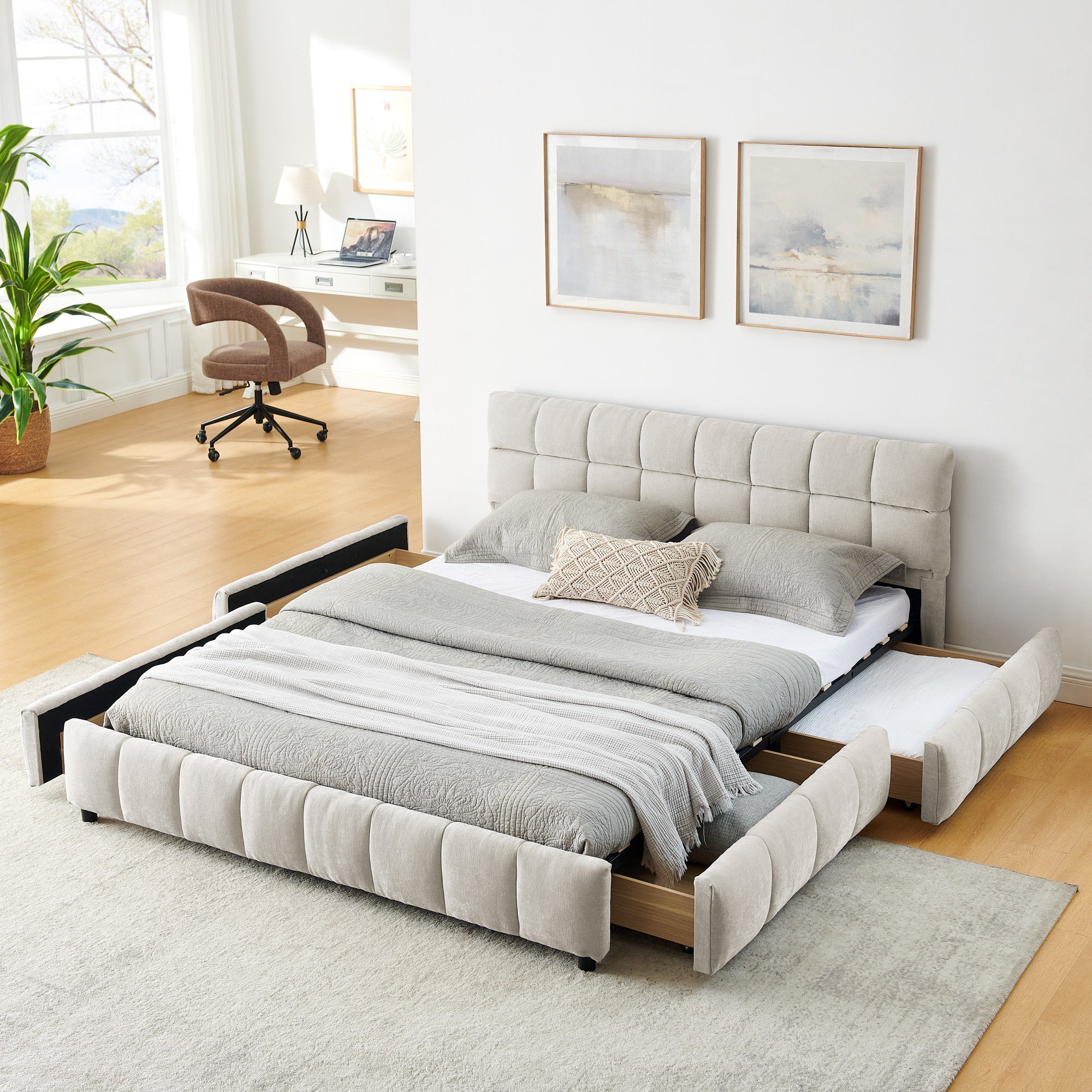 Modern Queen Size Upholstered Bed Frame with Headboard and Storage Drawer, Beige Chenille Fabric Secondary image