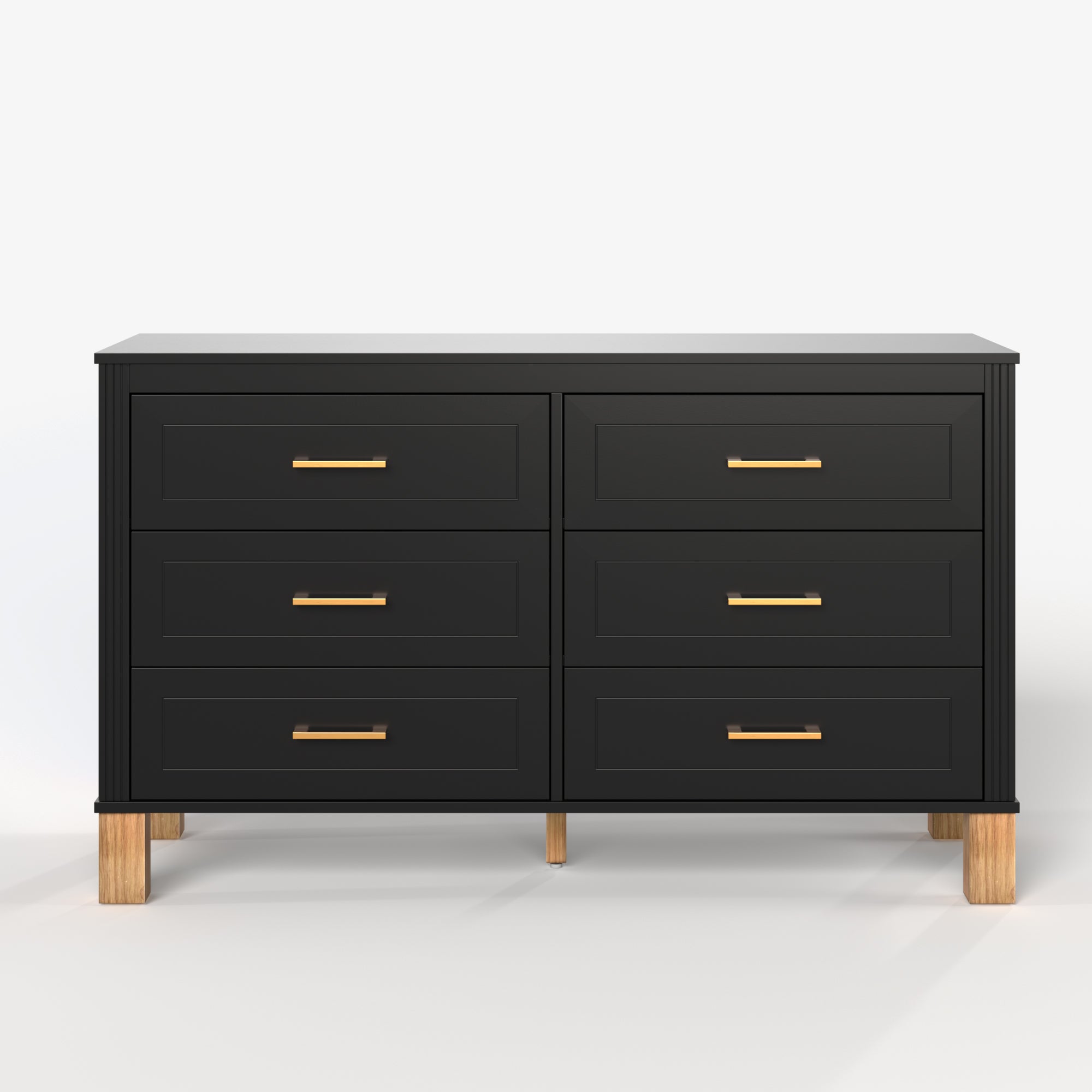 Modern 6-Drawer Double Dresser with Metal Handles and Solid Wood Legs, Black Finish, Solid Wood and MDF Construction, 47.24'L x 17.72'W x 29.92'H Main image