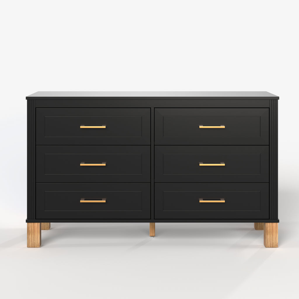 Modern 6-Drawer Double Dresser with Metal Handles and Solid Wood Legs, Black Finish, Solid Wood and MDF Construction, 47.24'L x 17.72'W x 29.92'H