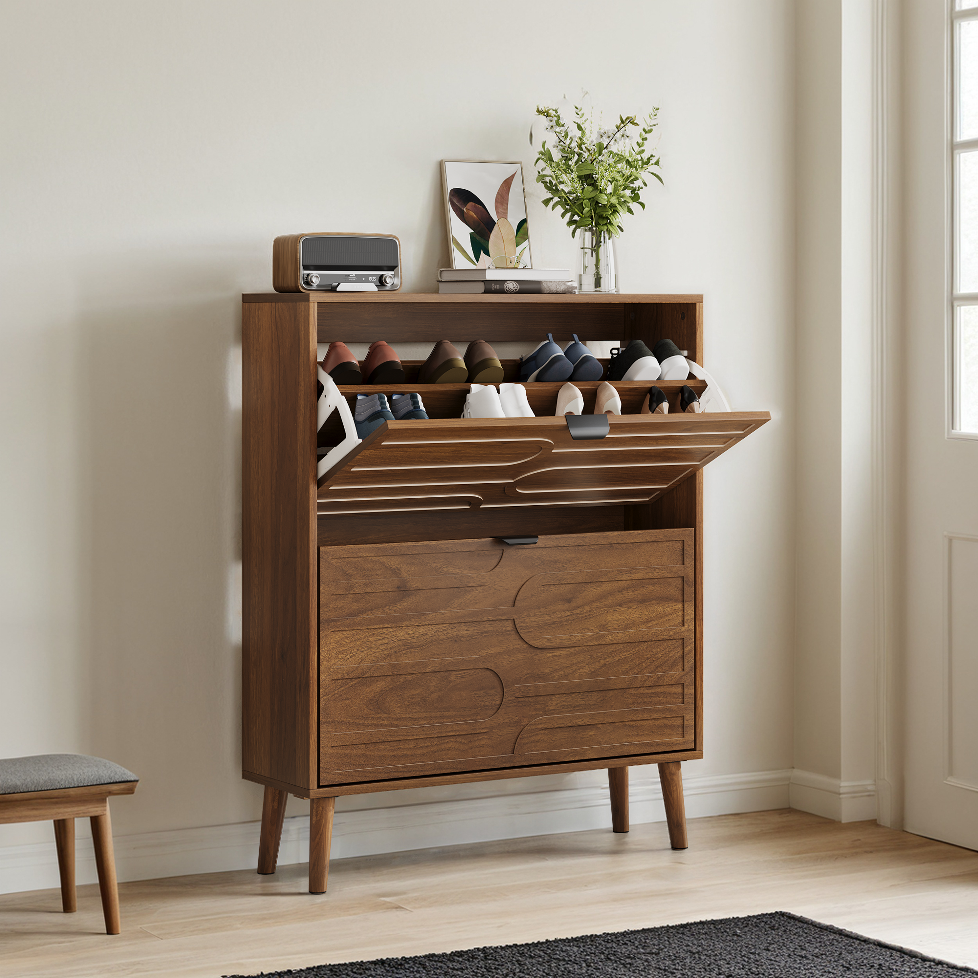 Medieval Modern Independent Shoe Cabinet with 2 Flip Drawers, Walnut MDF, 31.5-inch Secondary image