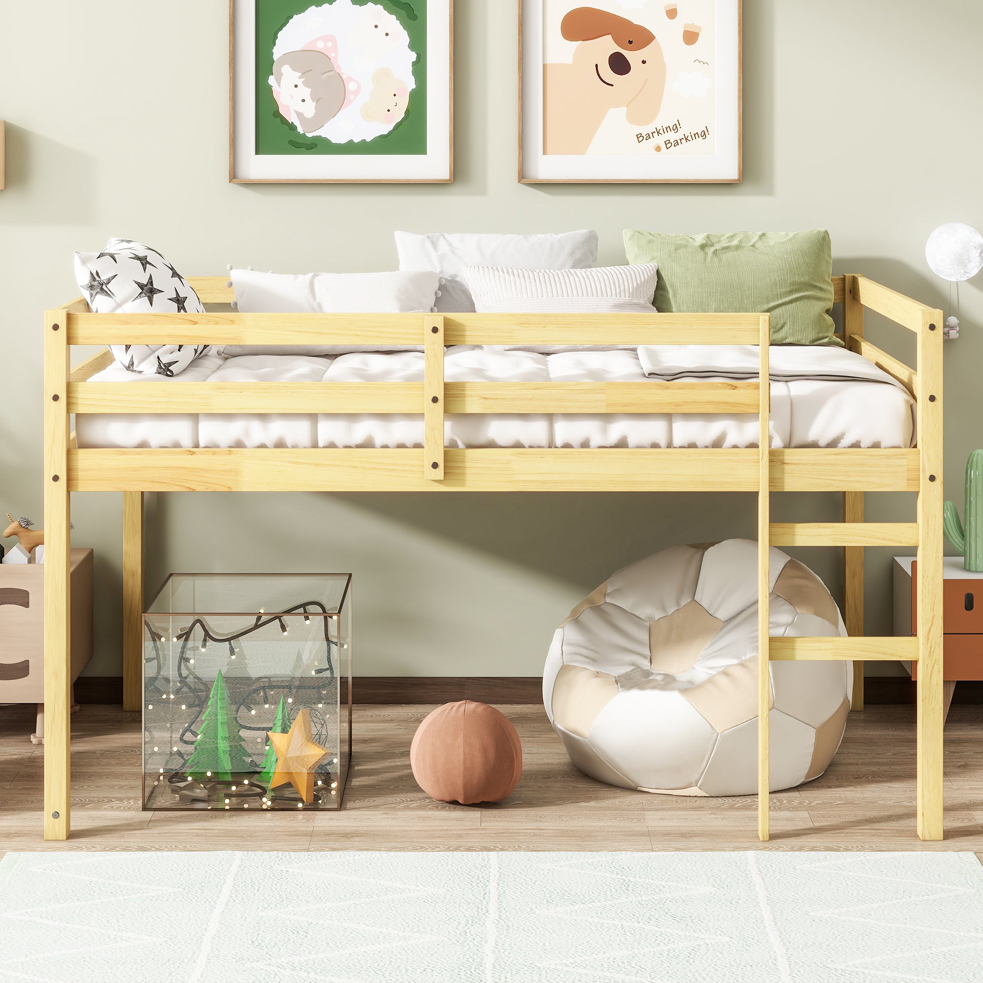 Solid Wooden, Rubber Wooden Twin Loft Bed with Ladder, Bed Platform of Strengthened Slats, Natural Main image