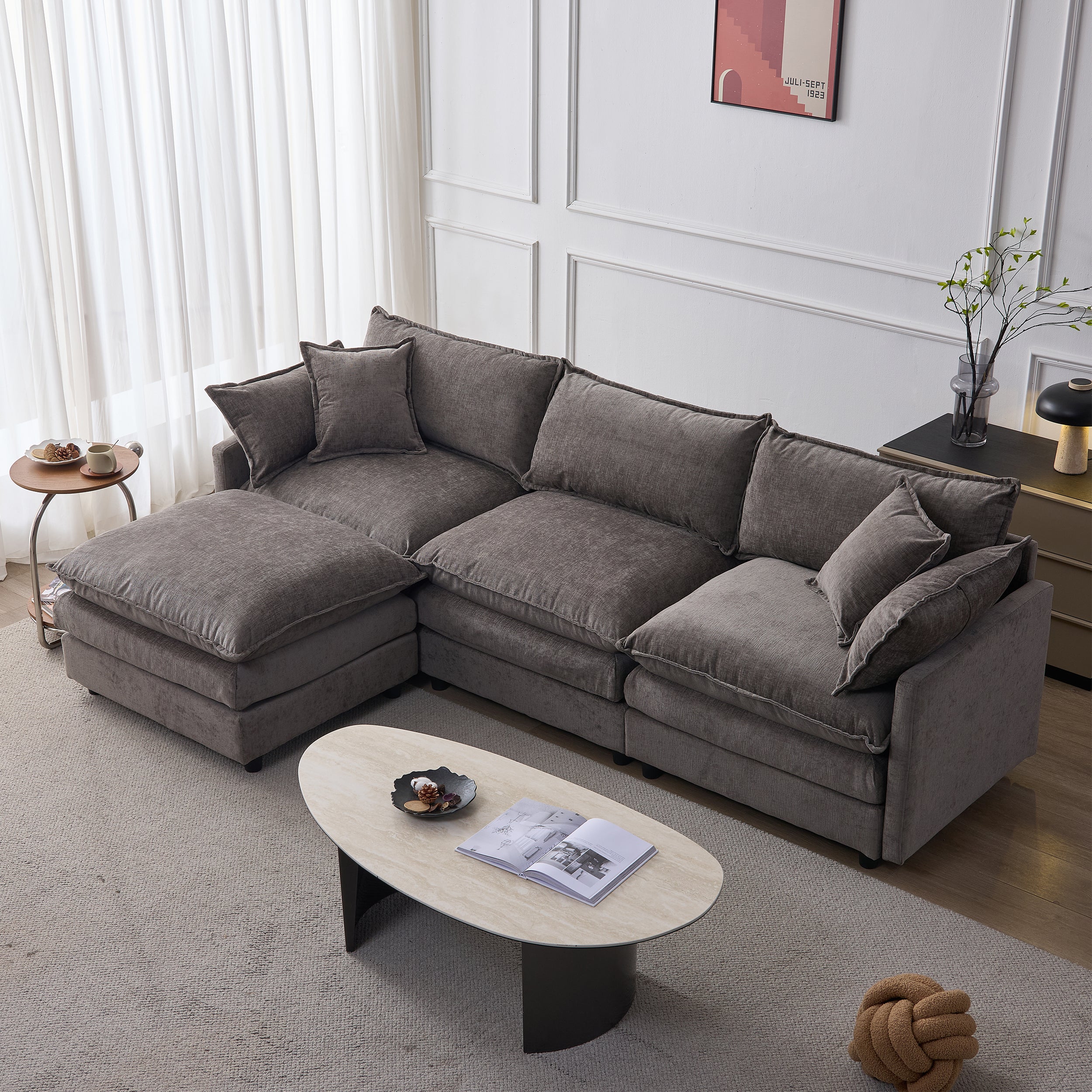 105' Modular Sectional Couch,Upholstered Soft Chenille Fabric Sofa,3 Seater with Ottoman L Shape Sofa Grey