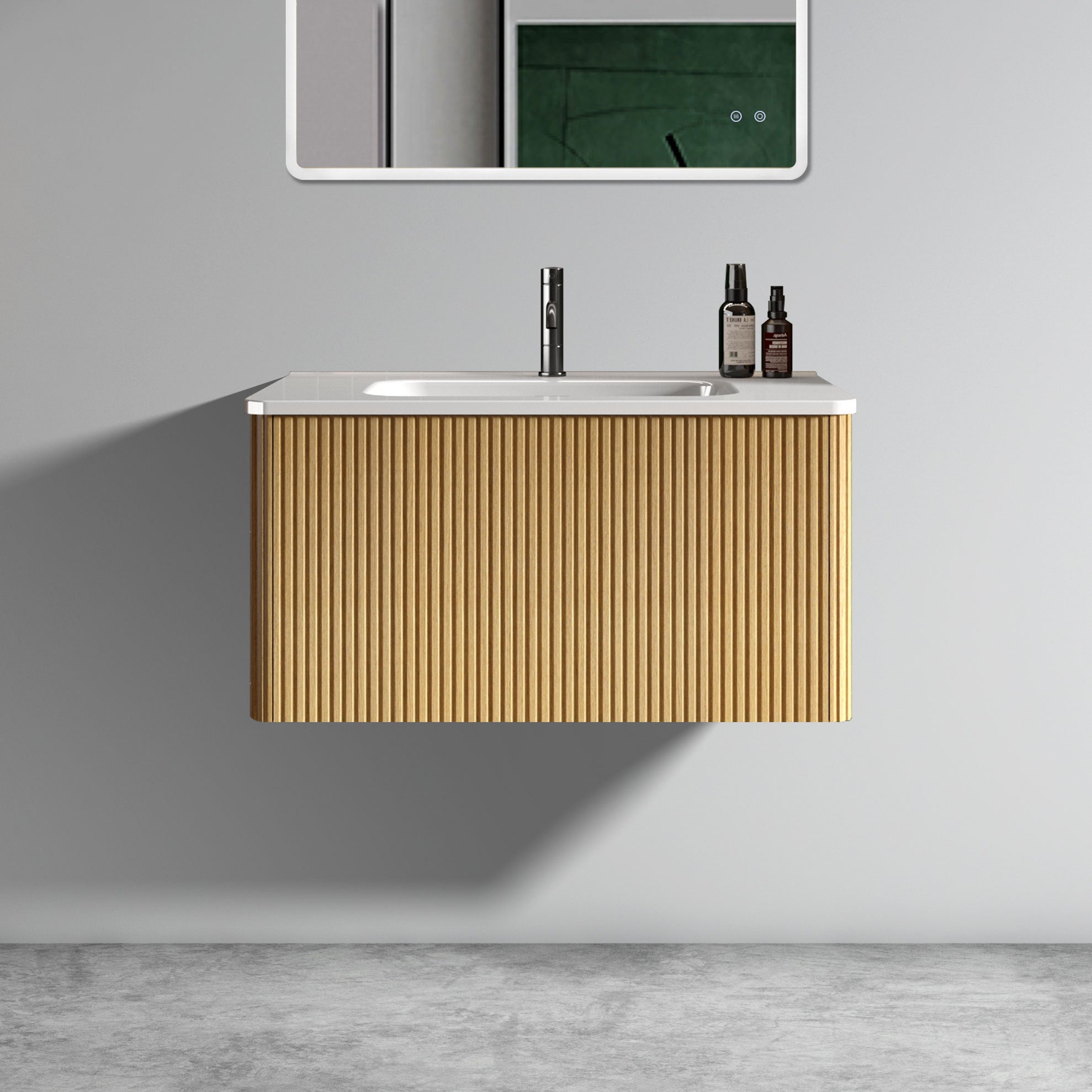 U049-Etna30W-306 Etna 30' Striped Natural Oak Bathroom Vanity with White Ceramic Sink, Wall Mounted Floating Bathroom Vanity for Modern Bathroom, One-Piece White Basin without Drain, Pre-assembled Main image
