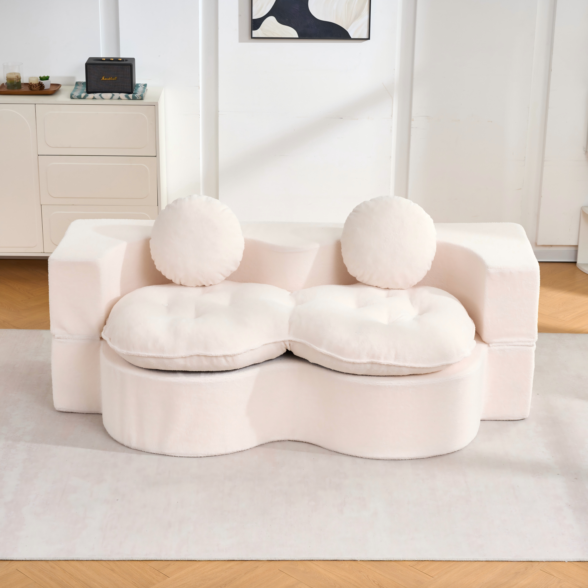 Convertible Sleeper Sofa, Modern Folding Futon Corduroy Floor Foam Compression Loveseat Sofa Bed Couch, Foldable Full Size Guest Bed with 2 Pillows for Living Room Bedroom Apartment, Beige Main image