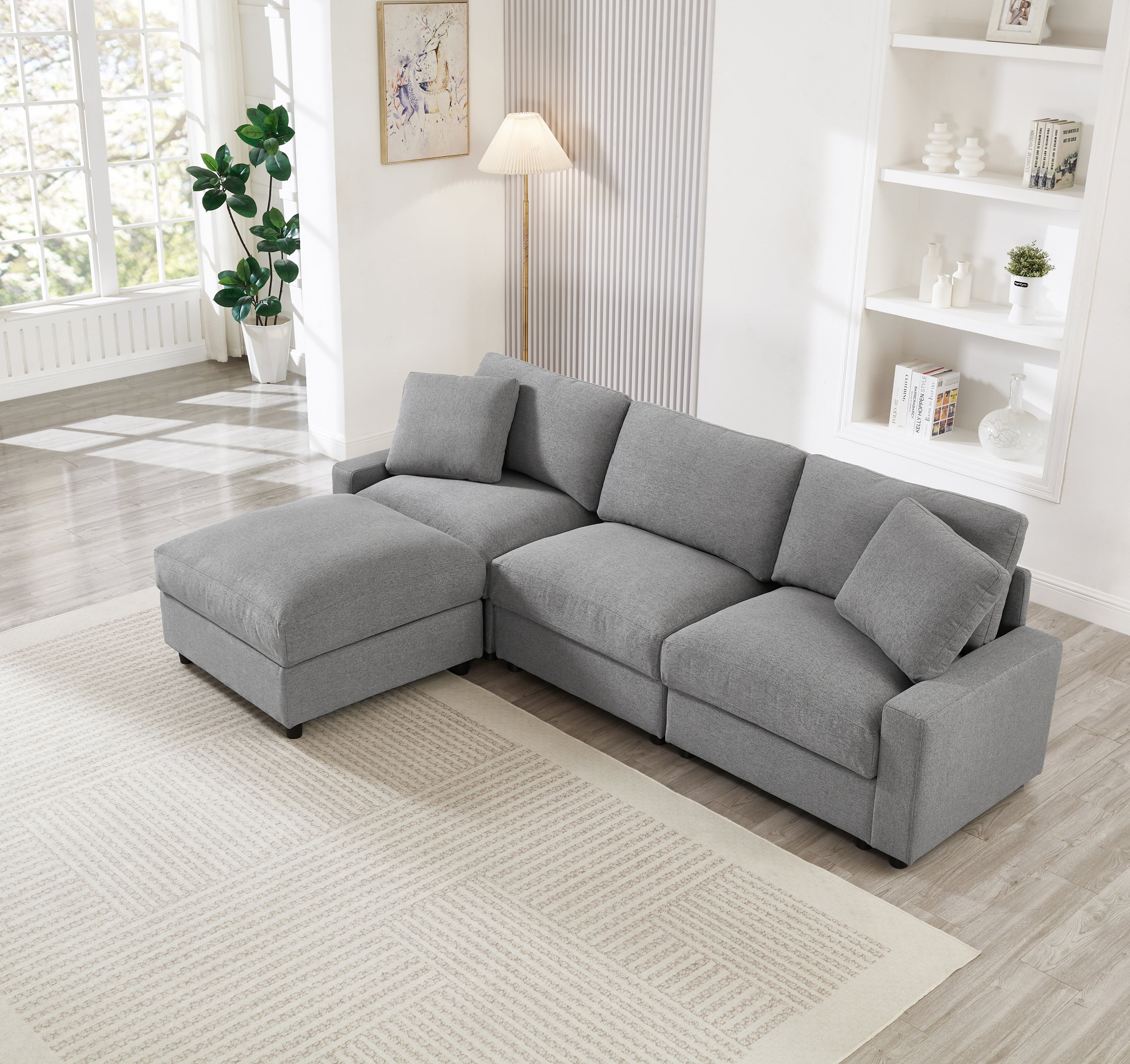 Modular Sectional Sofa, 103 Inch L Shaped Couch Set for Living Room, 3-Seater Comfy Cloud Couches with Movable Ottoman, DIY Combination,3 Storages,Polyester Fabric(Grey) Main image