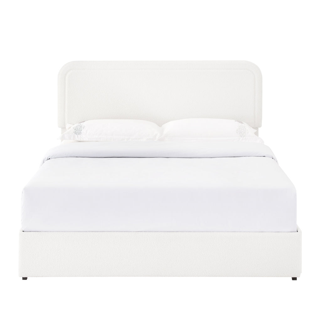 Liv Patented 2-Drawers Storage Bed Queen Size Ivory Boucle Upholstered Platform Bed with Curved Stitched Tufted Headboard