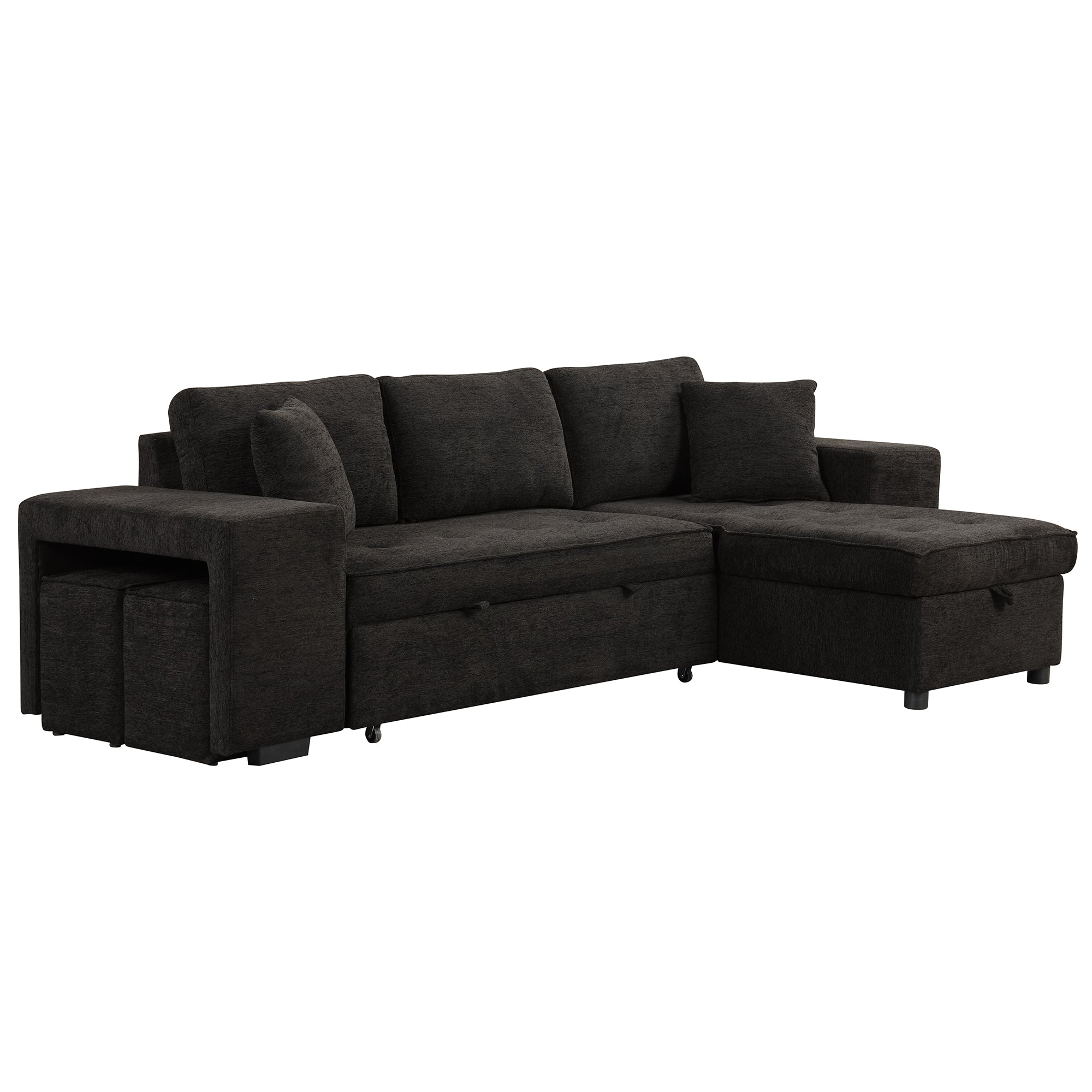 Modern L-Shape 3 Seat Reversible Sectional Couch with Pull Out Sleeper Sofa, Storage Chaise, 2 Stools, Charcoal Grey, Linen Chenille Main image