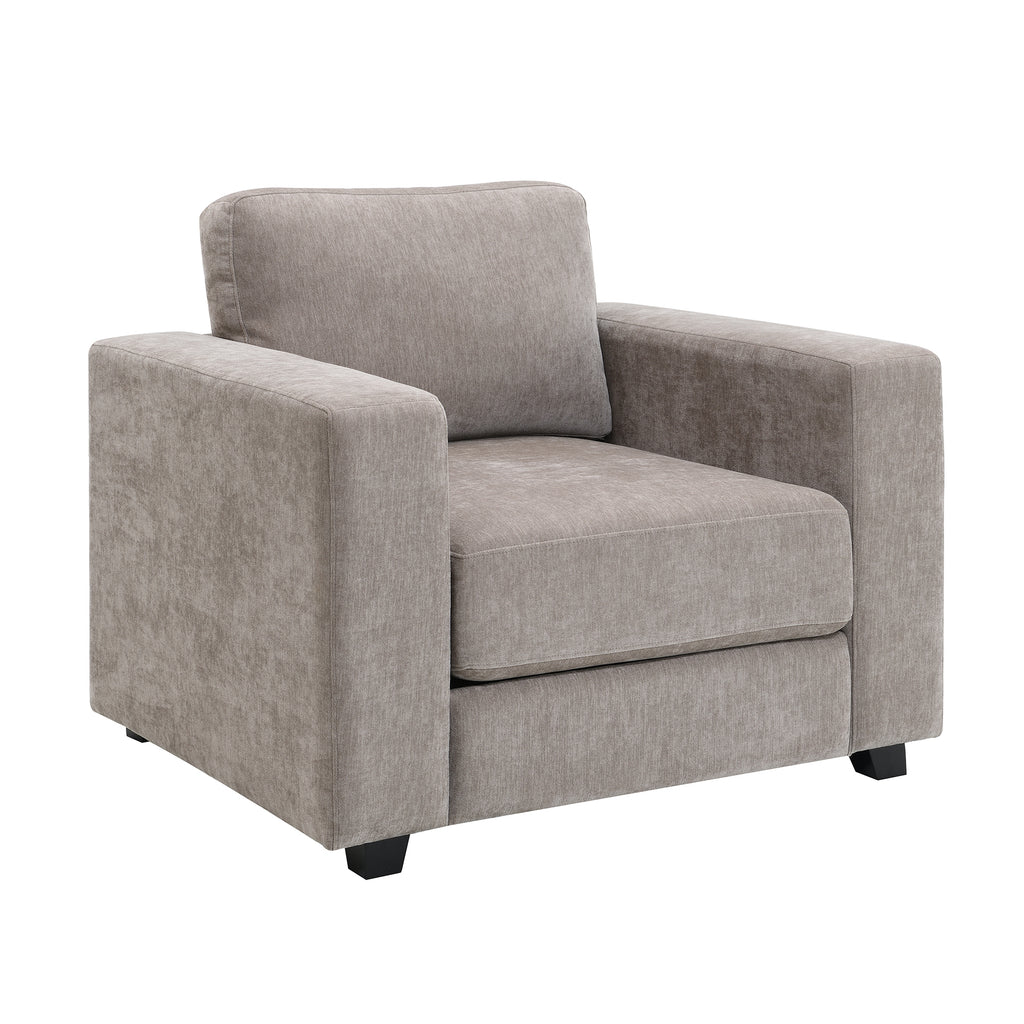 Mid-Century Modern Oversized Accent Chair with Widen Arms, Light Brown Chenille Fabric Upholstered Armchair for Living Room Bedroom Office, 7-Inch Thick Cushion, Solid Wood Legs