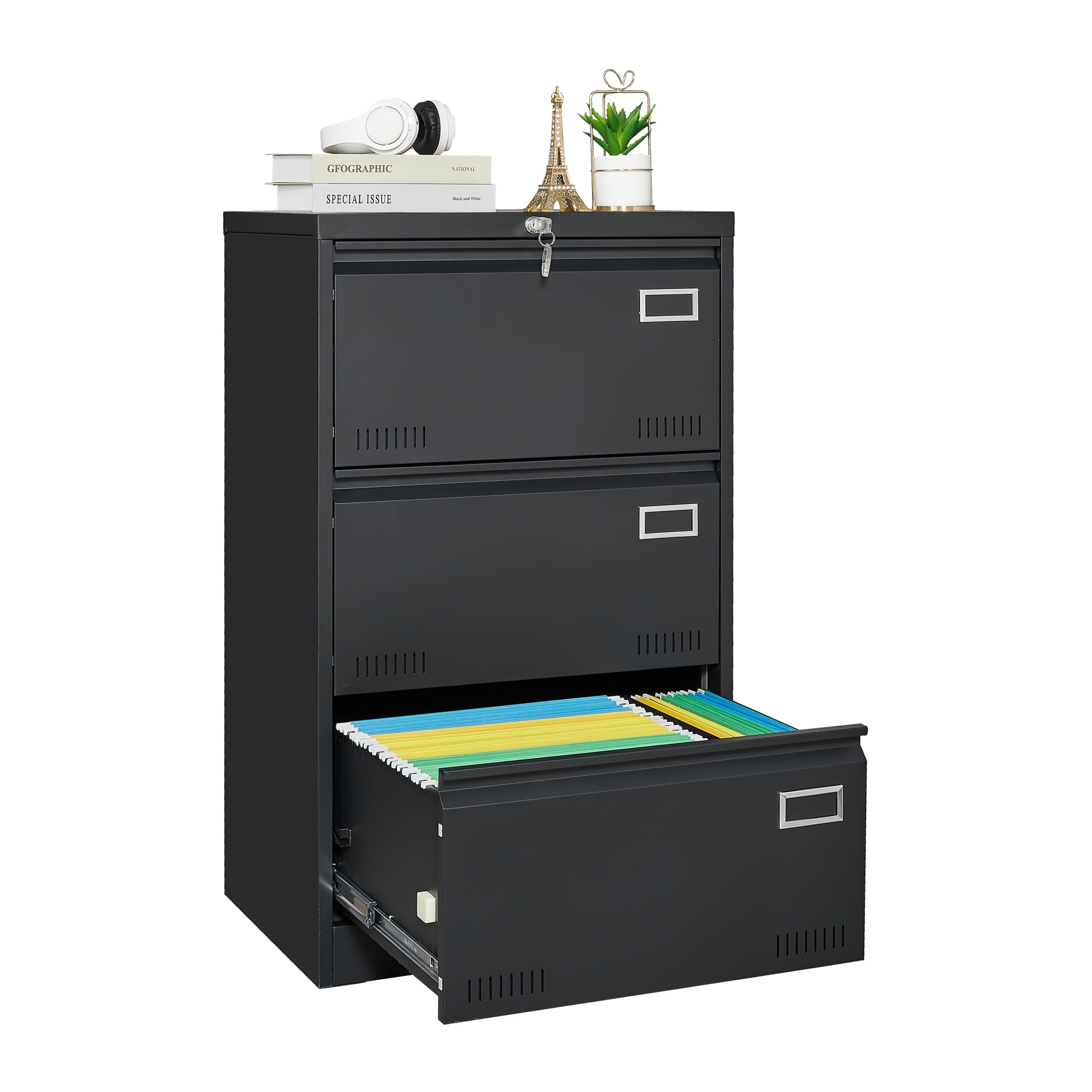 Black Metal 3-Drawer Lateral Filing Cabinet with Lock for Home and Office Main image