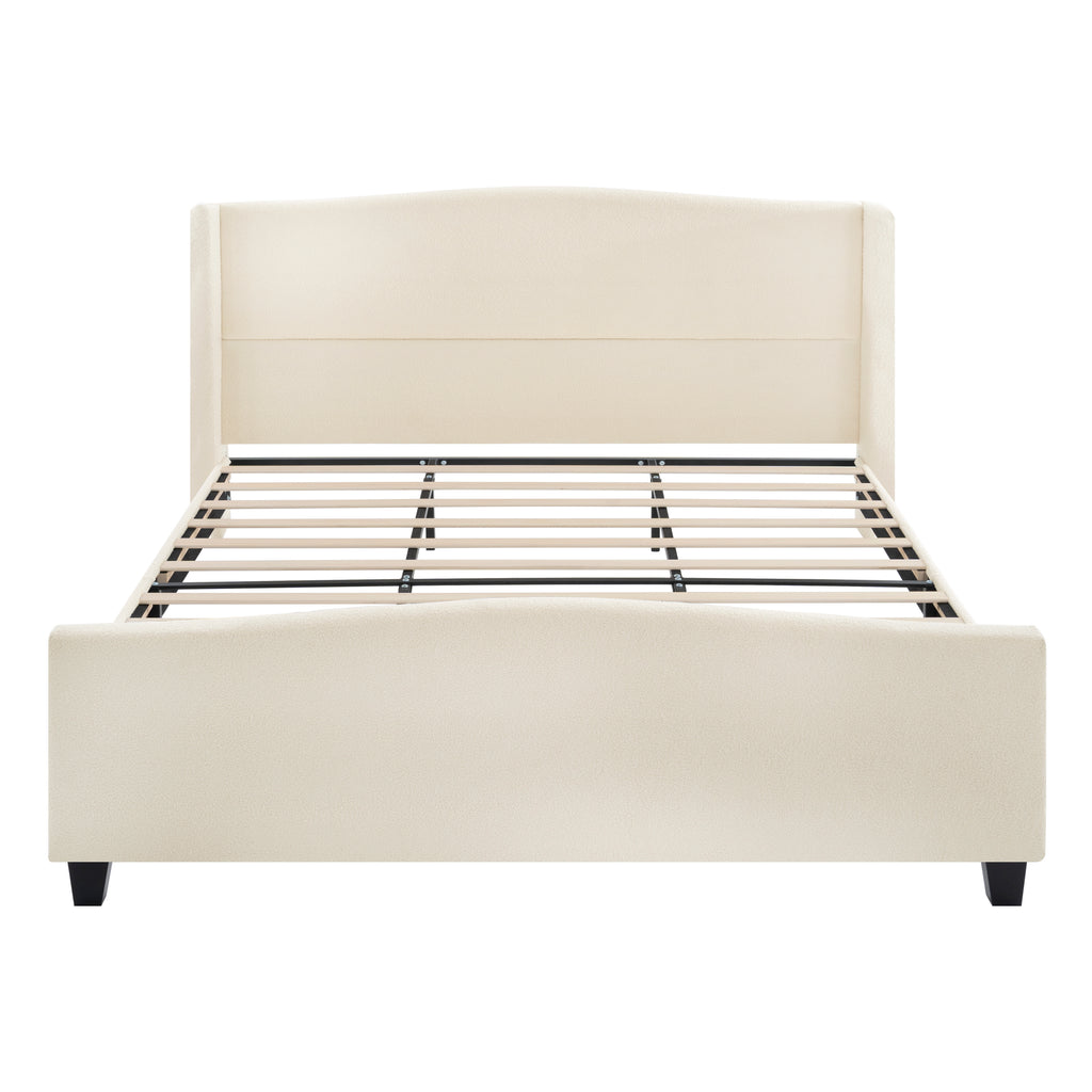 King Size Platform Bed Frame with 49.21' High Upholstered Headboard and 27.17' High Footboard, Teddy Velvet, 12 Slat Support, Solid Wood Feet, No Box Spring Needed, White