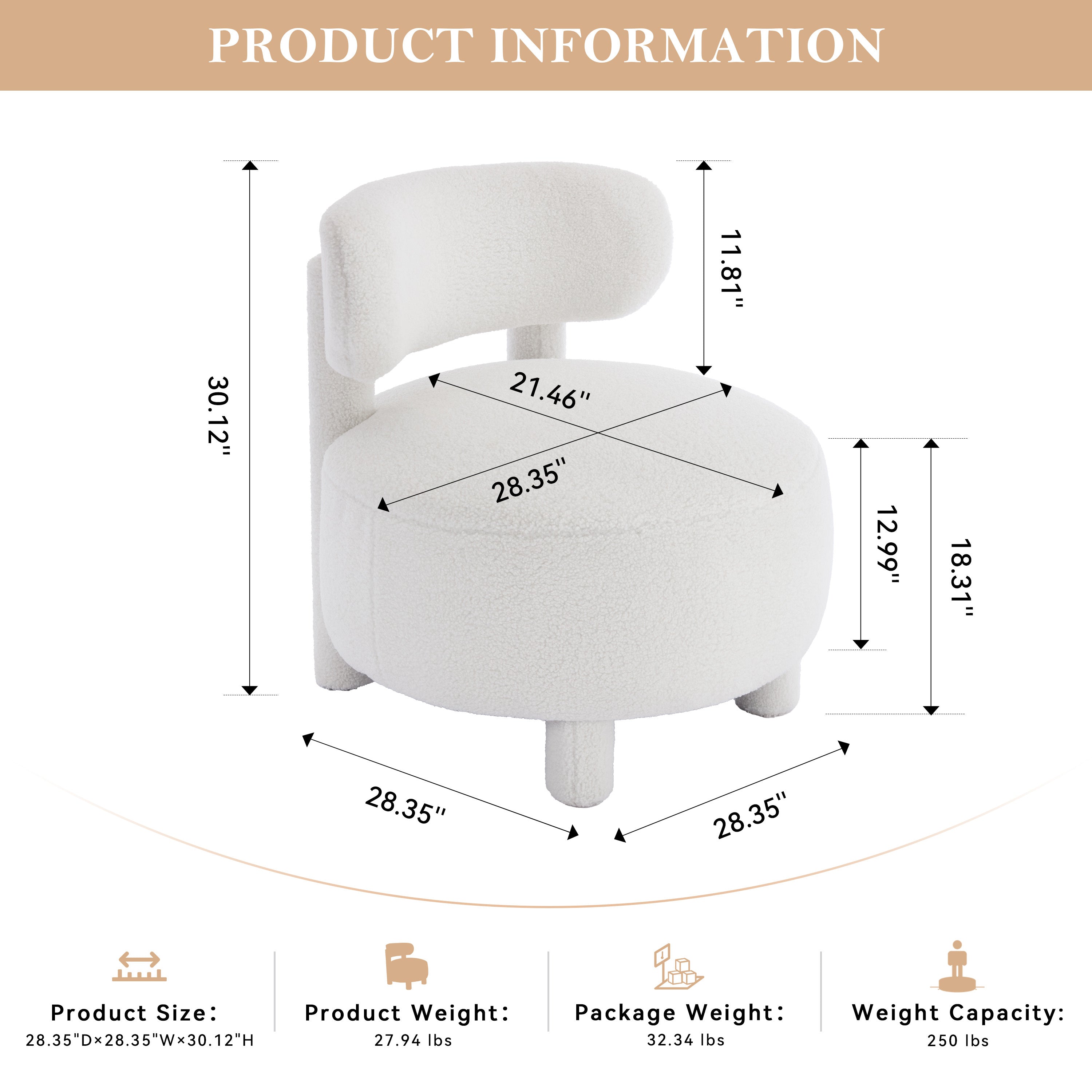 063-Teddy Fabric armless accent chair with curved backrest and solid wood legs upholstered chair slipper side chair  for primary living space bedroom vanity room or reading room ,White Secondary image