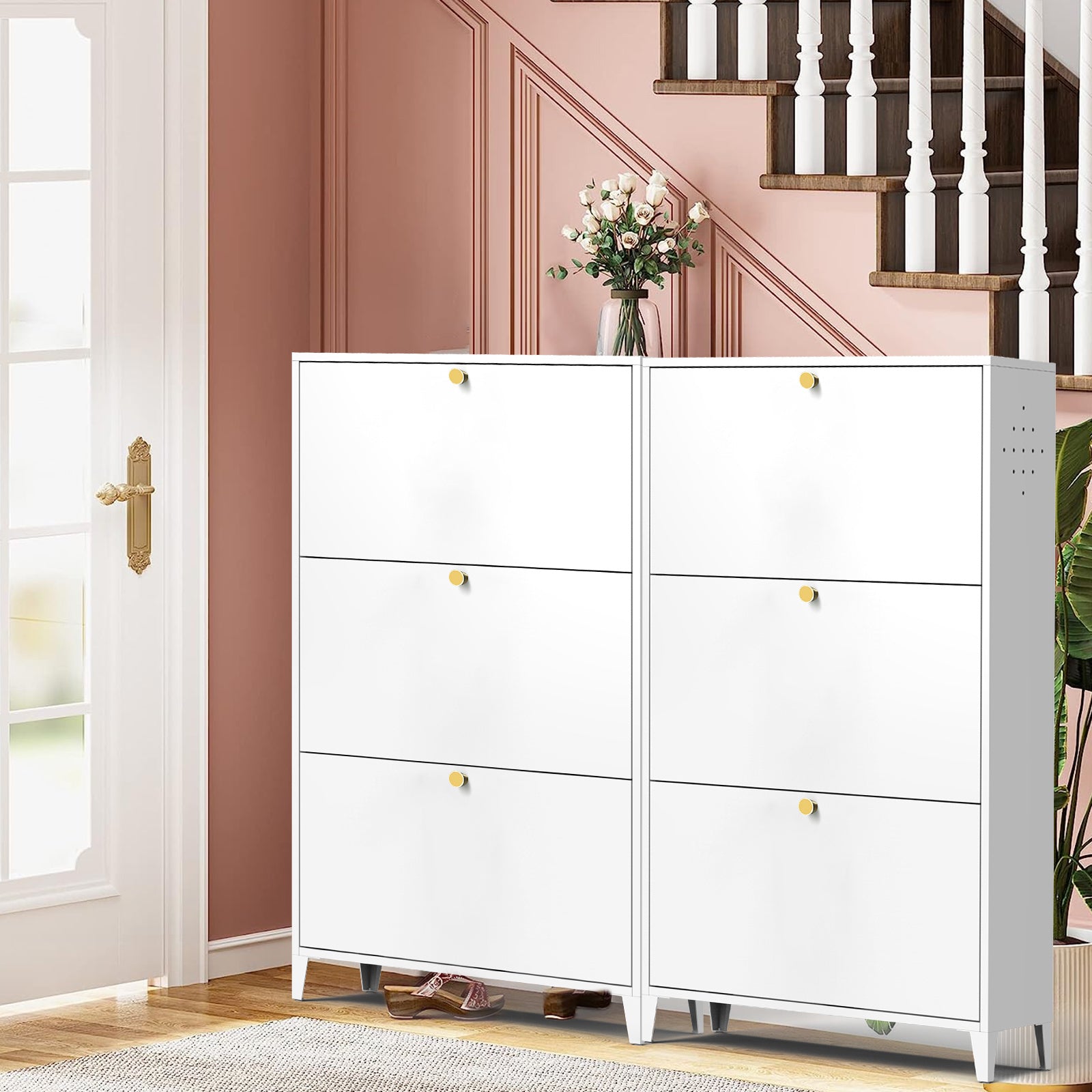 3 Drawer All Steel Shoe Cabinet, Freestanding Shoe Rack Storage Organizer with Flip Door, Modern Tipping Bucket Shoe Cabinet for Entryway, Hallway, Bedroom, White (Requires Assembly) Secondary image